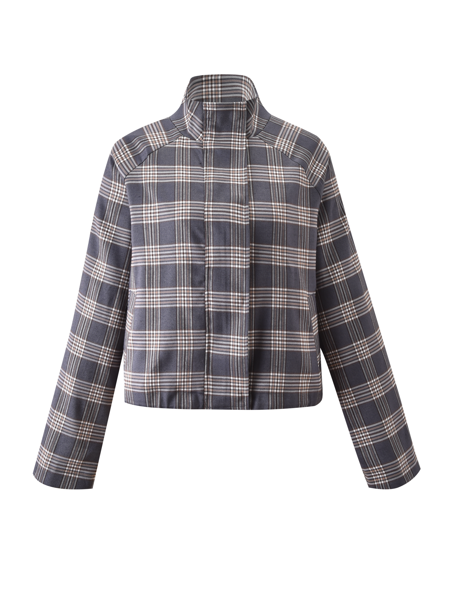 The LENNEX JACKET - GREY CHECK by TIGERMIST is a cropped, oversized jacket with long sleeves and a mock neck collar, showcasing a black and white plaid pattern on grey, displayed against a plain white background.