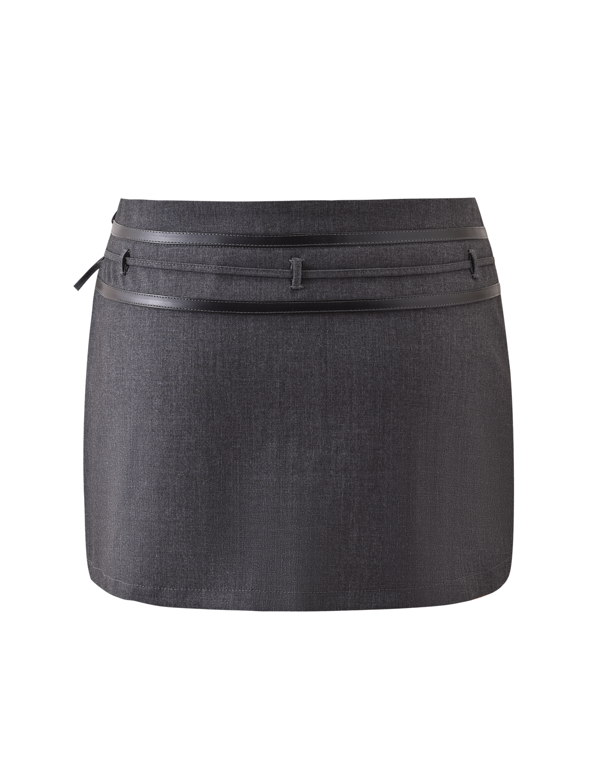 The TIGERMIST FEDRA SKORT - GREY is a short, dark gray skort with subtle texture and a double waistband featuring a thin matching belt, shown on a plain white background.