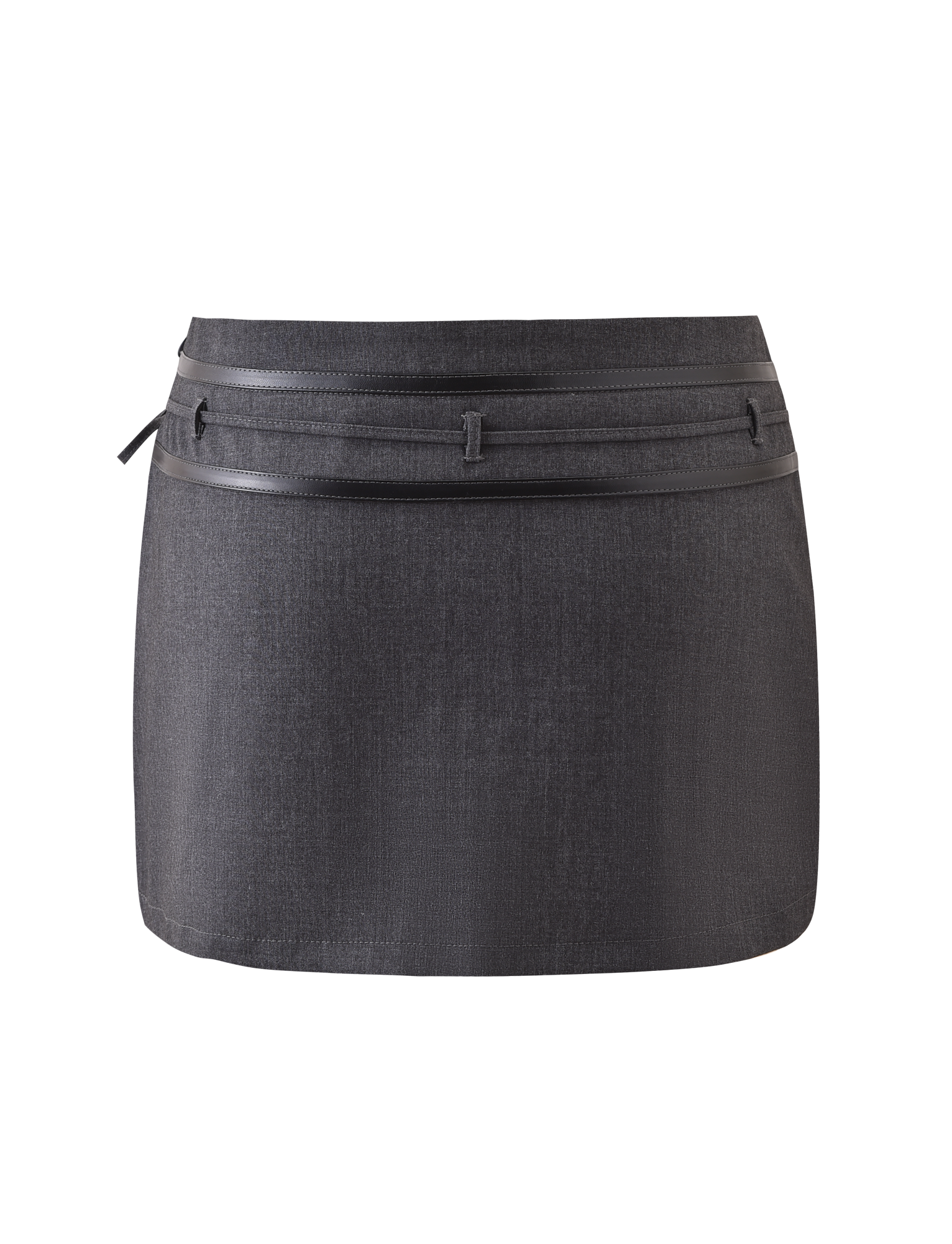 The TIGERMIST FEDRA SKORT - GREY is a short, dark gray skort with subtle texture and a double waistband featuring a thin matching belt, shown on a plain white background.
