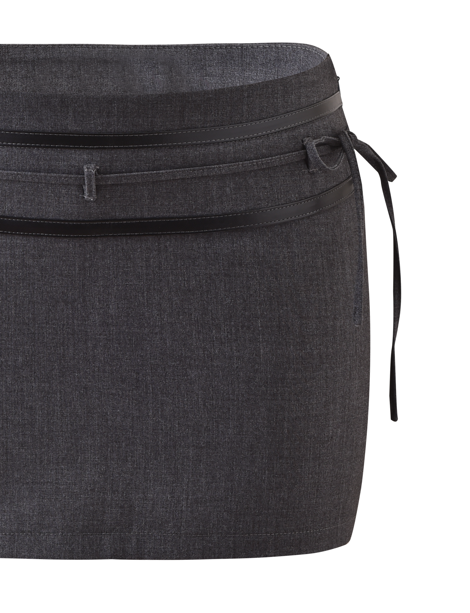 The FEDRA SKORT - GREY by TIGERMIST is a dark gray, knee-length skort with subtle texture, black trim, leather accents, and a thin black belt tied in a small side bow.