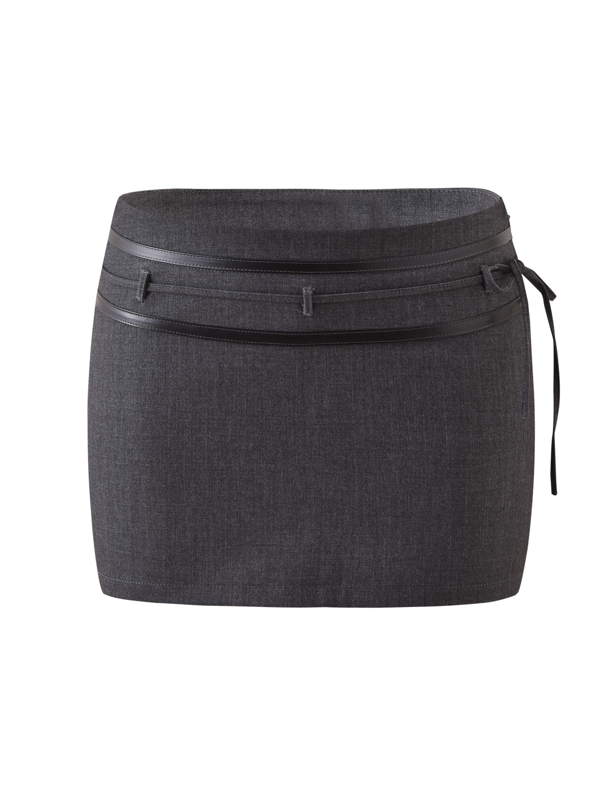 The FEDRA SKORT - GREY by TIGERMIST is a dark grey mini skort with a double waistband, slim belt, tie detail on the right side, and subtle leather accents, shown against a plain white background.