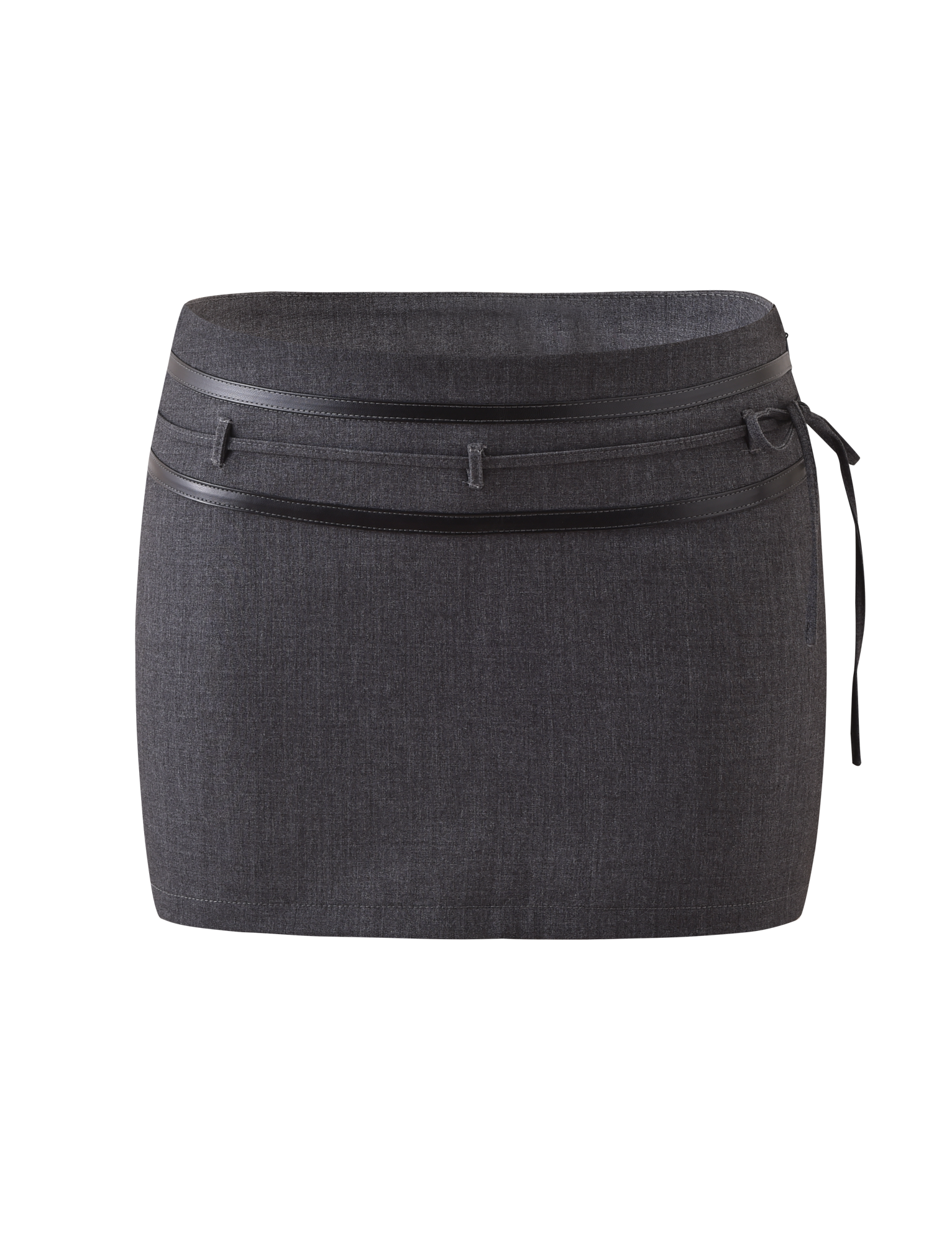 The FEDRA SKORT - GREY by TIGERMIST is a dark grey mini skort with a double waistband, slim belt, tie detail on the right side, and subtle leather accents, shown against a plain white background.
