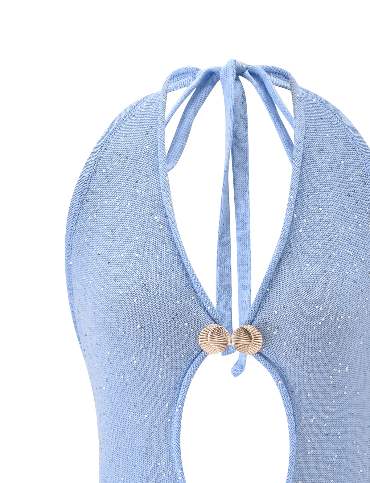 Close-up of the TIGERMIST AZURA TOP - BLUE: a light blue, sparkly swimsuit top with an open back, glitter halter ties, and gold shell embellishments at the center.