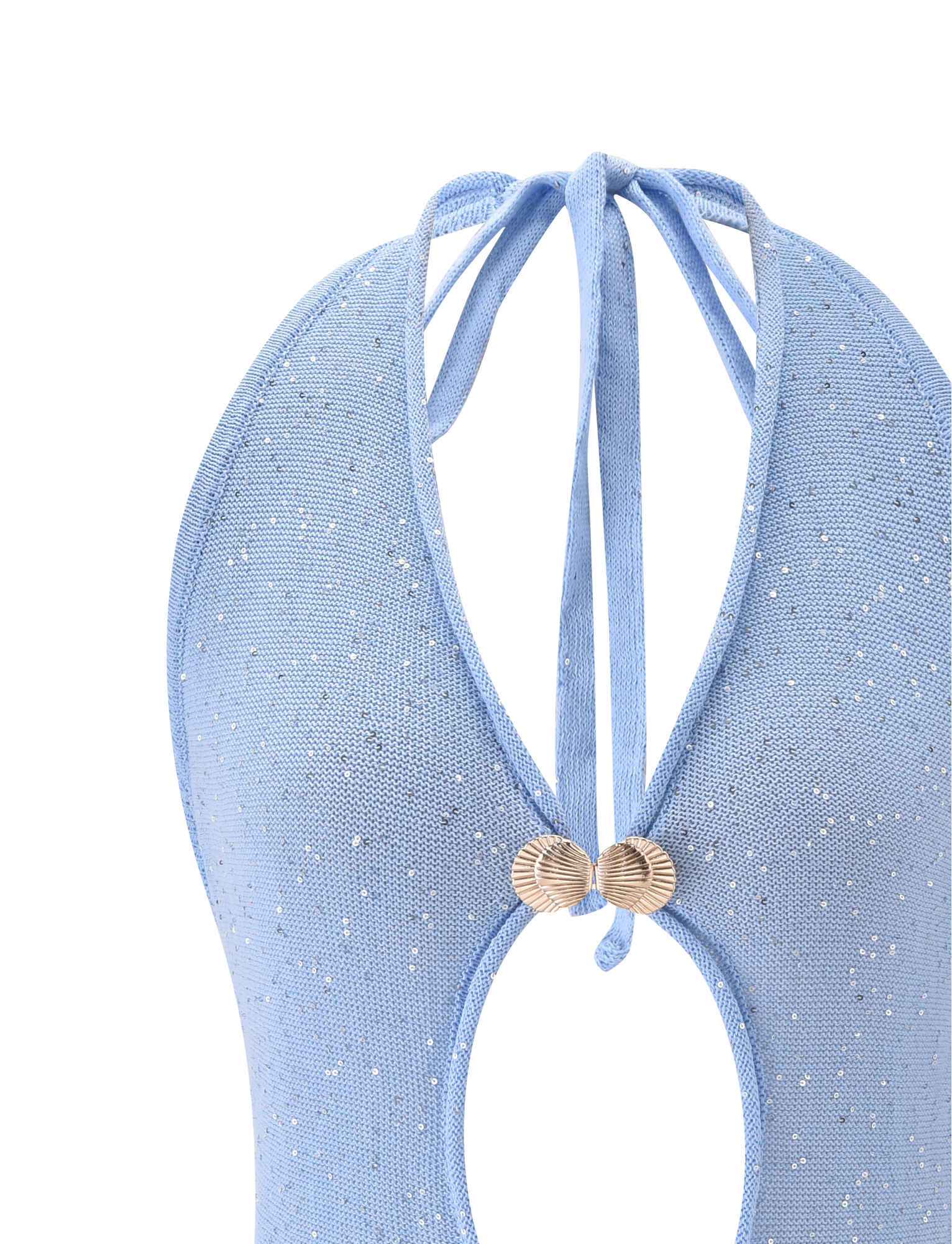Close-up of the TIGERMIST AZURA TOP - BLUE: a light blue, sparkly swimsuit top with an open back, glitter halter ties, and gold shell embellishments at the center.