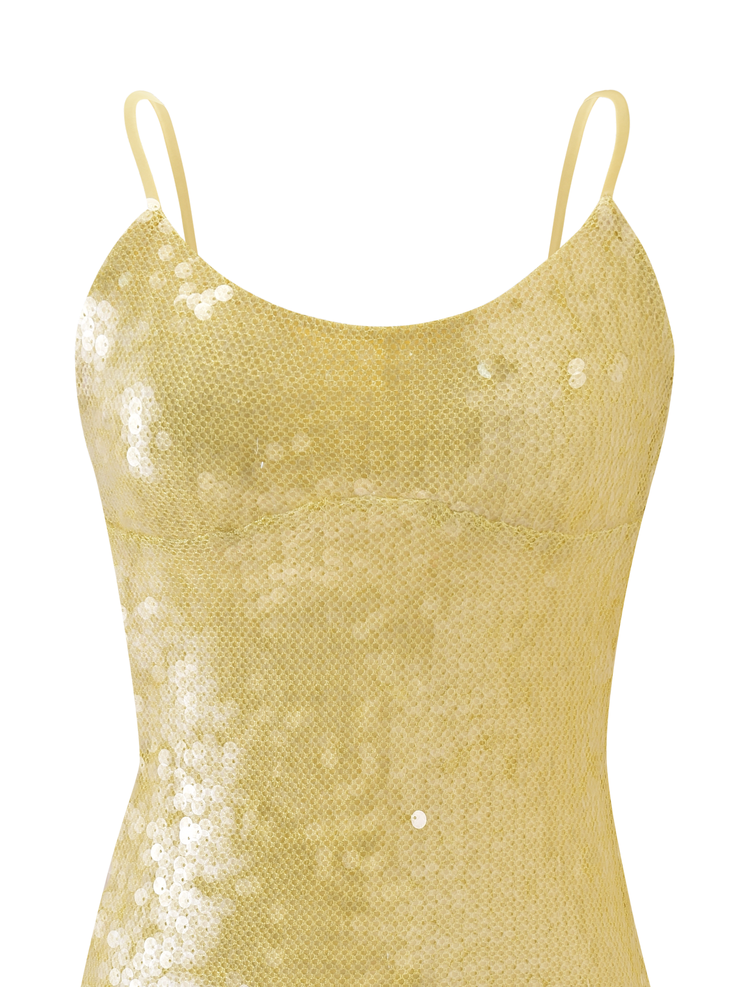 The KIANNA MINI DRESS by TIGERMIST is a butter yellow sequin mini dress with thin shoulder straps and an adjustable back strap, shown against a plain white background.