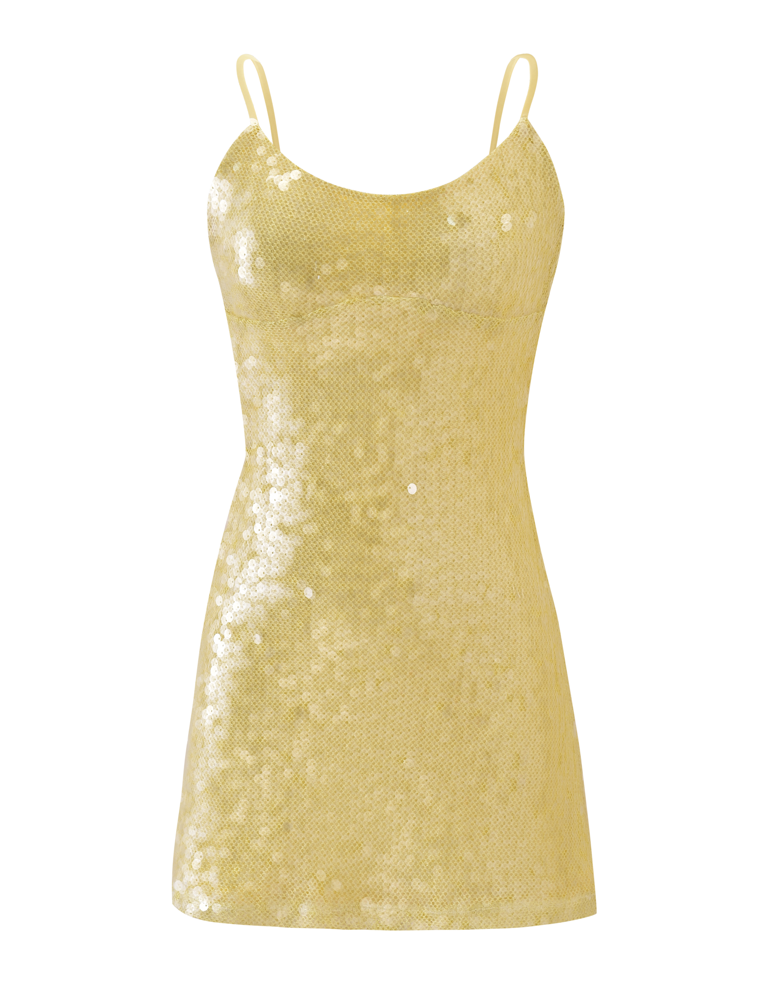 The KIANNA MINI DRESS - YELLOW by TIGERMIST is a sleeveless, gold sequin mini dress with thin spaghetti straps, an adjustable back strap, fitted top, and a slightly flared skirt, shown on a plain white background.