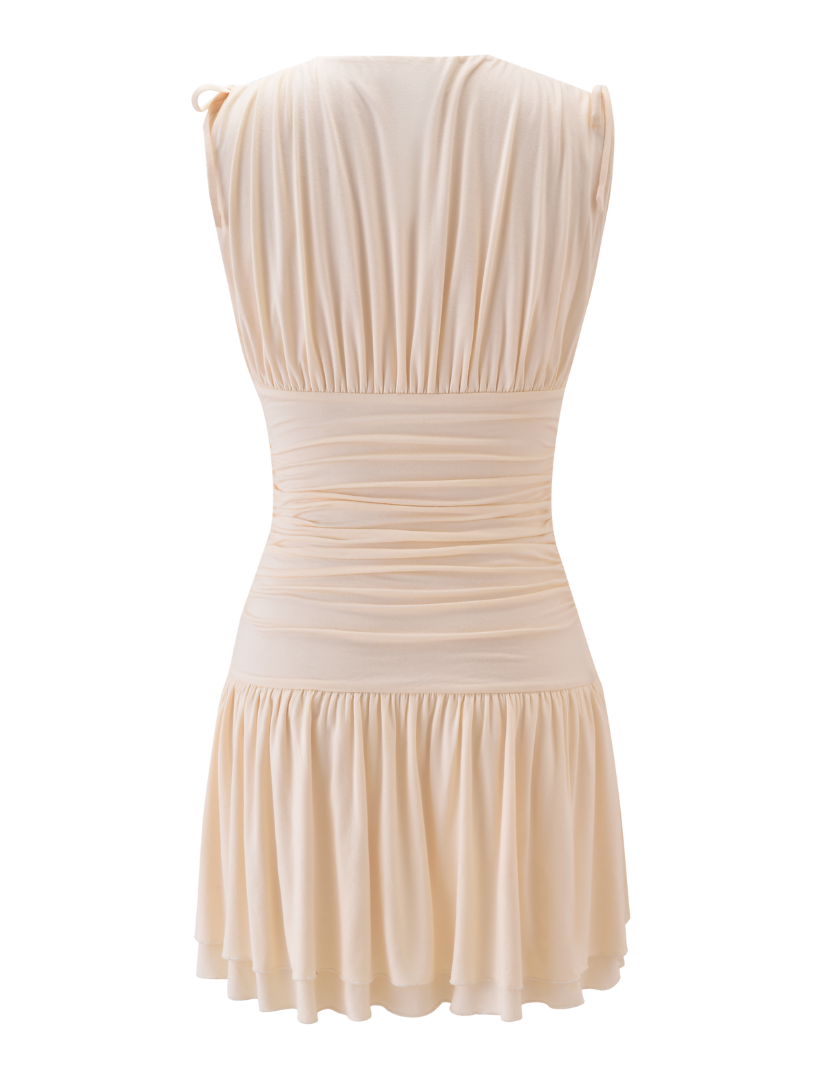 Back view of the TIGERMIST HALONA MINI DRESS in cream, featuring a sleeveless design, adjustable ruched waist with drawstring, and a tiered, flared mini skirt. Made from soft, lightweight fabric.