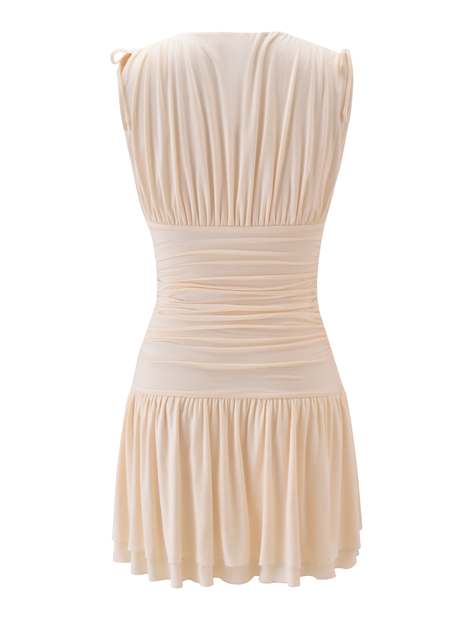 Back view of the TIGERMIST HALONA MINI DRESS in cream, featuring a sleeveless design, adjustable ruched waist with drawstring, and a tiered, flared mini skirt. Made from soft, lightweight fabric.
