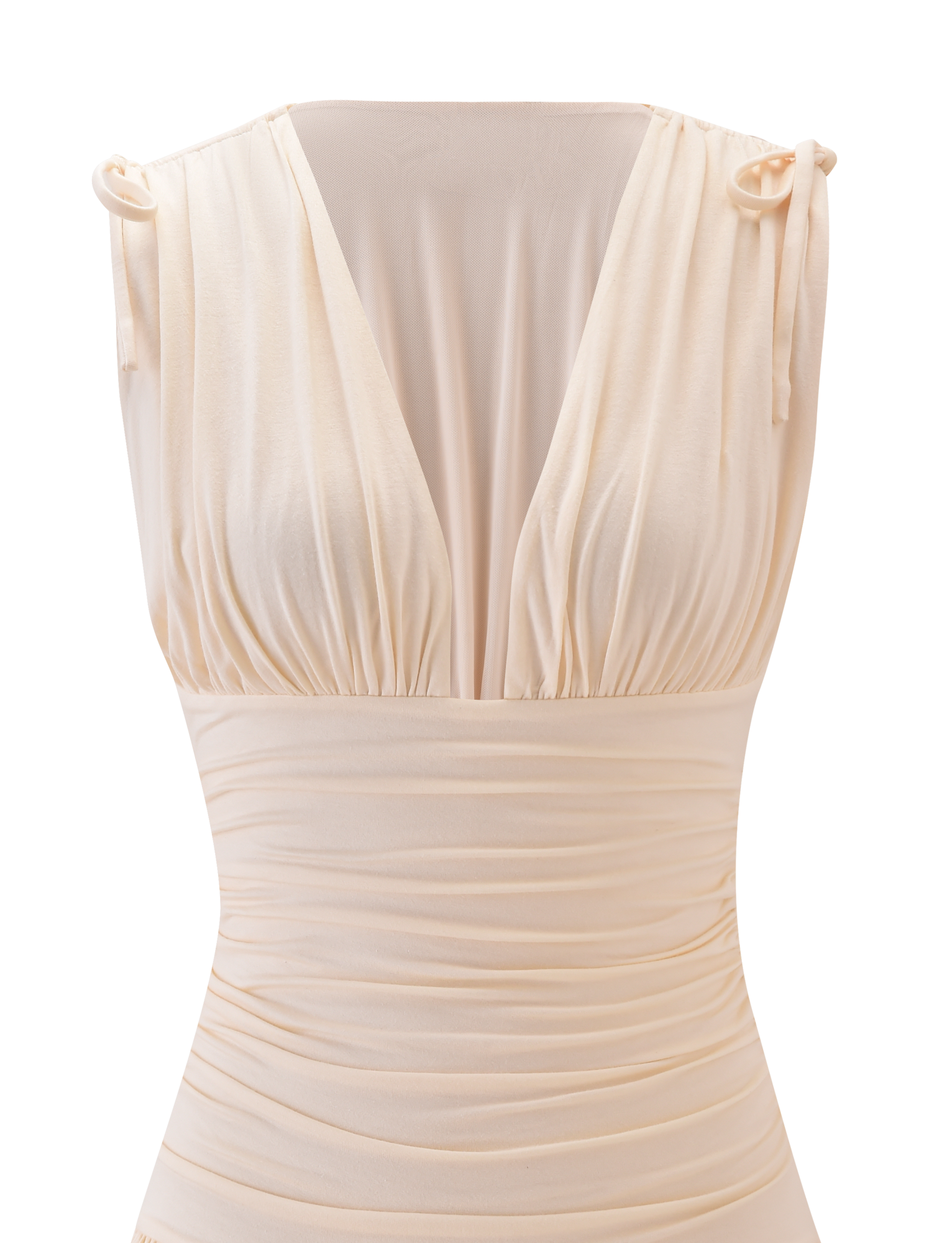 The HALONA MINI DRESS in cream by TIGERMIST is a sleeveless mini dress featuring a deep V-neckline, gathered bust, ruched waist and torso, plus adjustable shoulder drawstrings with small ties for a customizable fit.