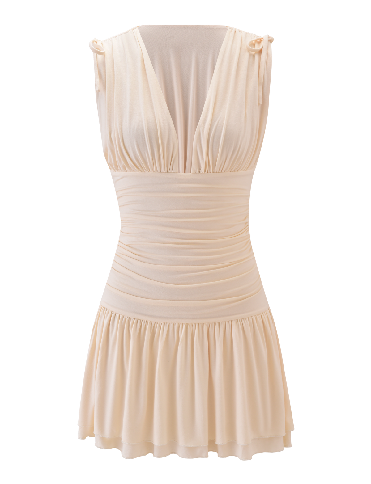 The HALONA MINI DRESS by TIGERMIST is a cream-colored, sleeveless mini with a deep V-neck, ruched bodice and waist, adjustable shoulder drawstrings, and a flared skirt in soft, lightweight fabric.