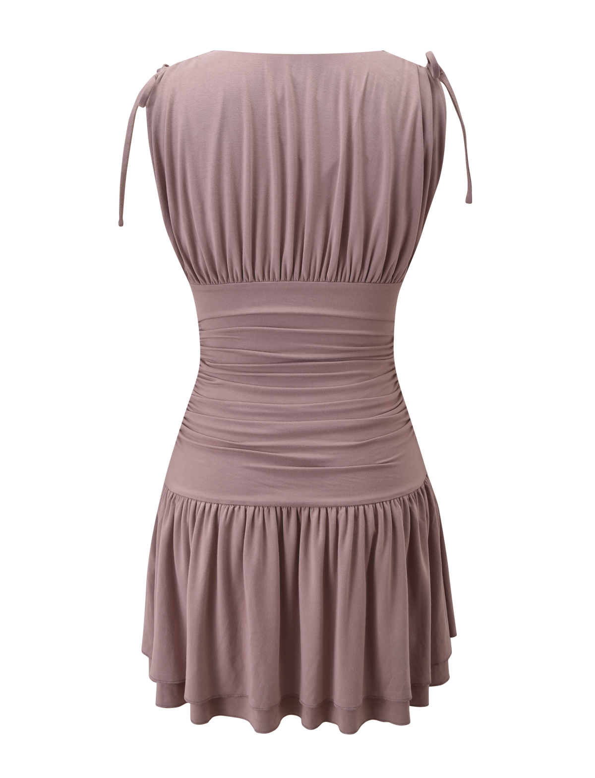 The HALONA MINI DRESS in mocha by TIGERMIST is shown from the back, featuring shoulder tie straps, a ruched waist, and a softly tiered gathered skirt for movement.