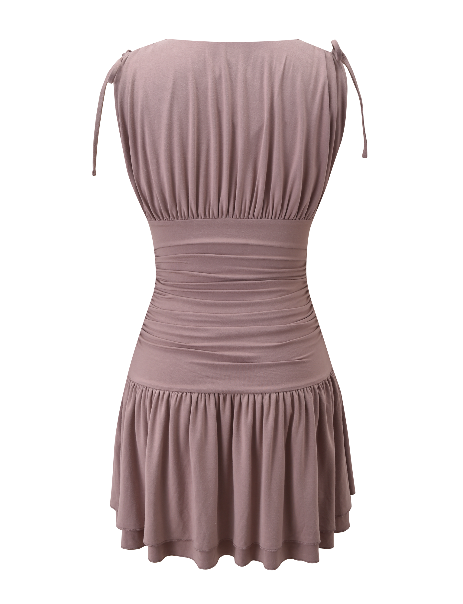 The HALONA MINI DRESS in mocha by TIGERMIST is shown from the back, featuring shoulder tie straps, a ruched waist, and a softly tiered gathered skirt for movement.