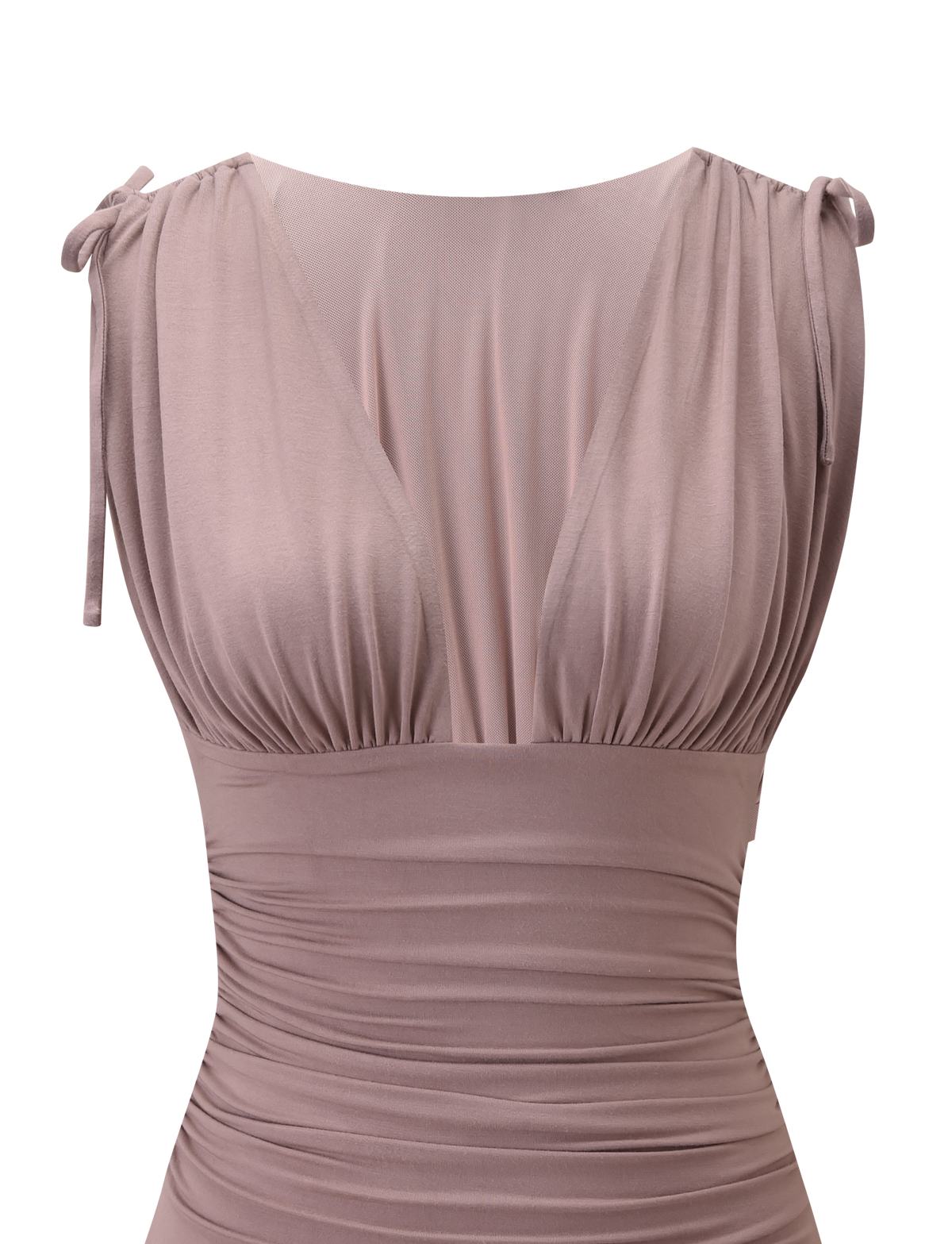 The TIGERMIST HALONA MINI DRESS in Mocha features a plunging neckline, gathered chest, adjustable shoulder ties, and a ruched fitted bodice above a subtle tiered skirt. Sleeveless and flattering, shown against a white background.