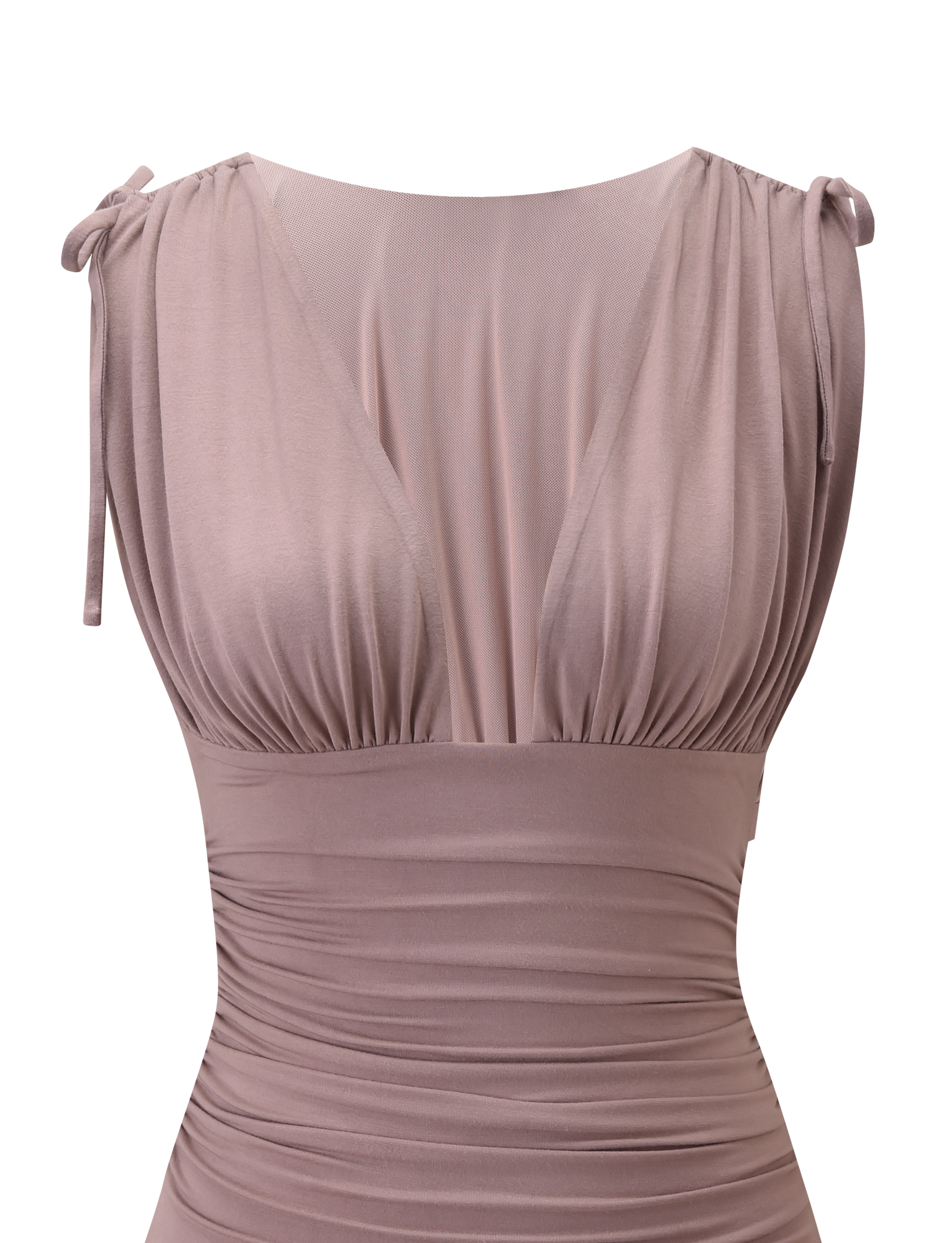 The TIGERMIST HALONA MINI DRESS in Mocha features a plunging neckline, gathered chest, adjustable shoulder ties, and a ruched fitted bodice above a subtle tiered skirt. Sleeveless and flattering, shown against a white background.