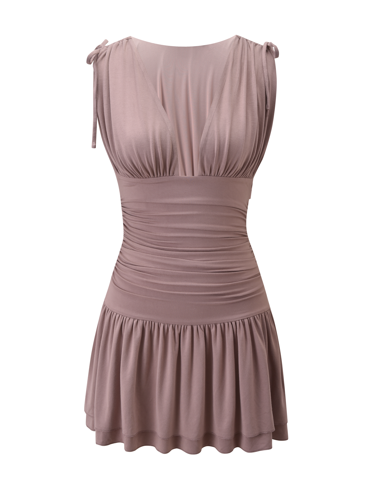 The HALONA MINI DRESS by TIGERMIST is a sleeveless mocha dress with a plunging neckline, ruched waist, gathered bust, tie shoulder straps, and a short flared skirt. Displayed on a plain white background.