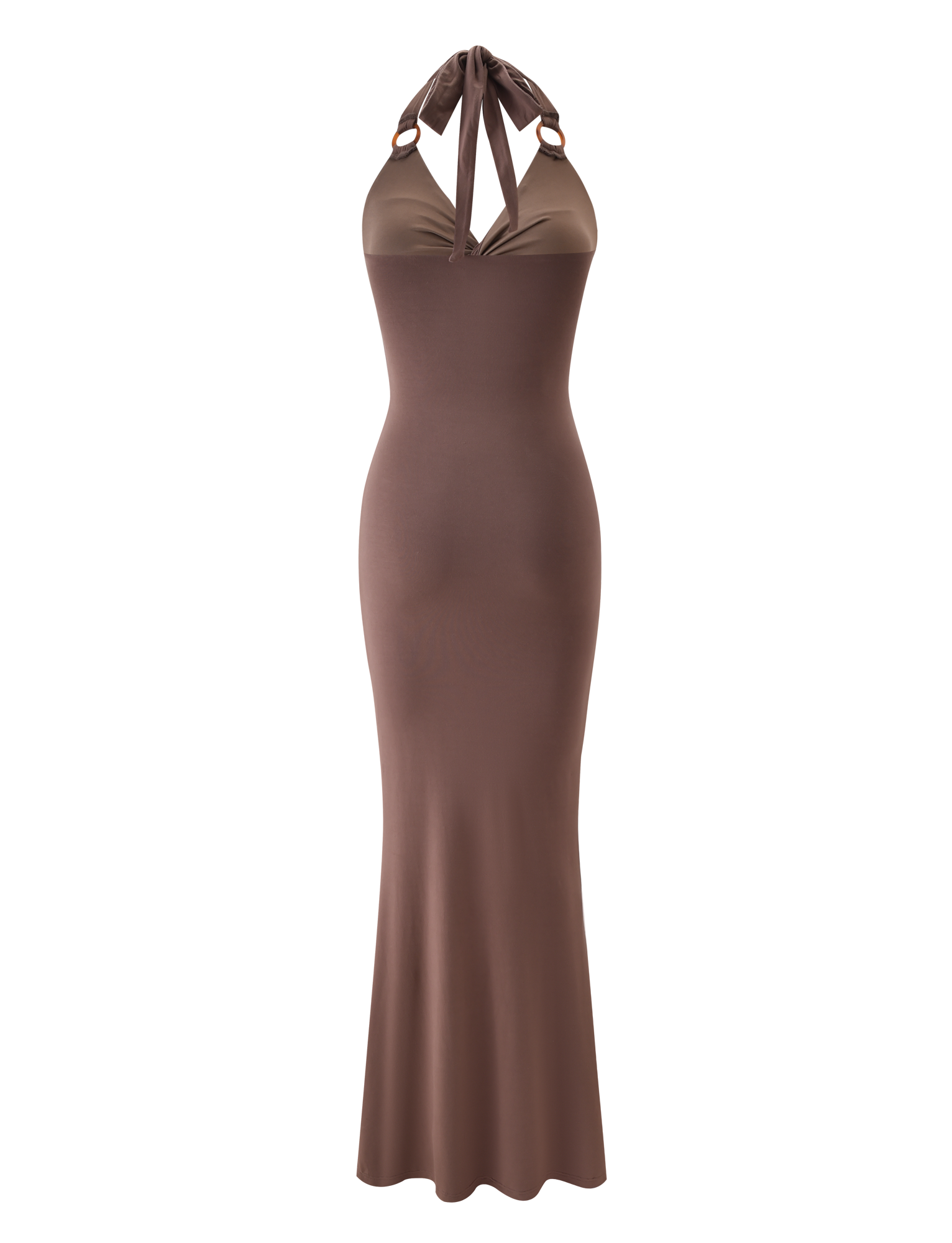 The TIGERMIST ZENEVA MAXI DRESS in mocha features a sleeveless, form-fitting silhouette with a halter neck, chest keyhole detail, flowing maxi skirt, and elegant halter ties, shown on a plain white background.