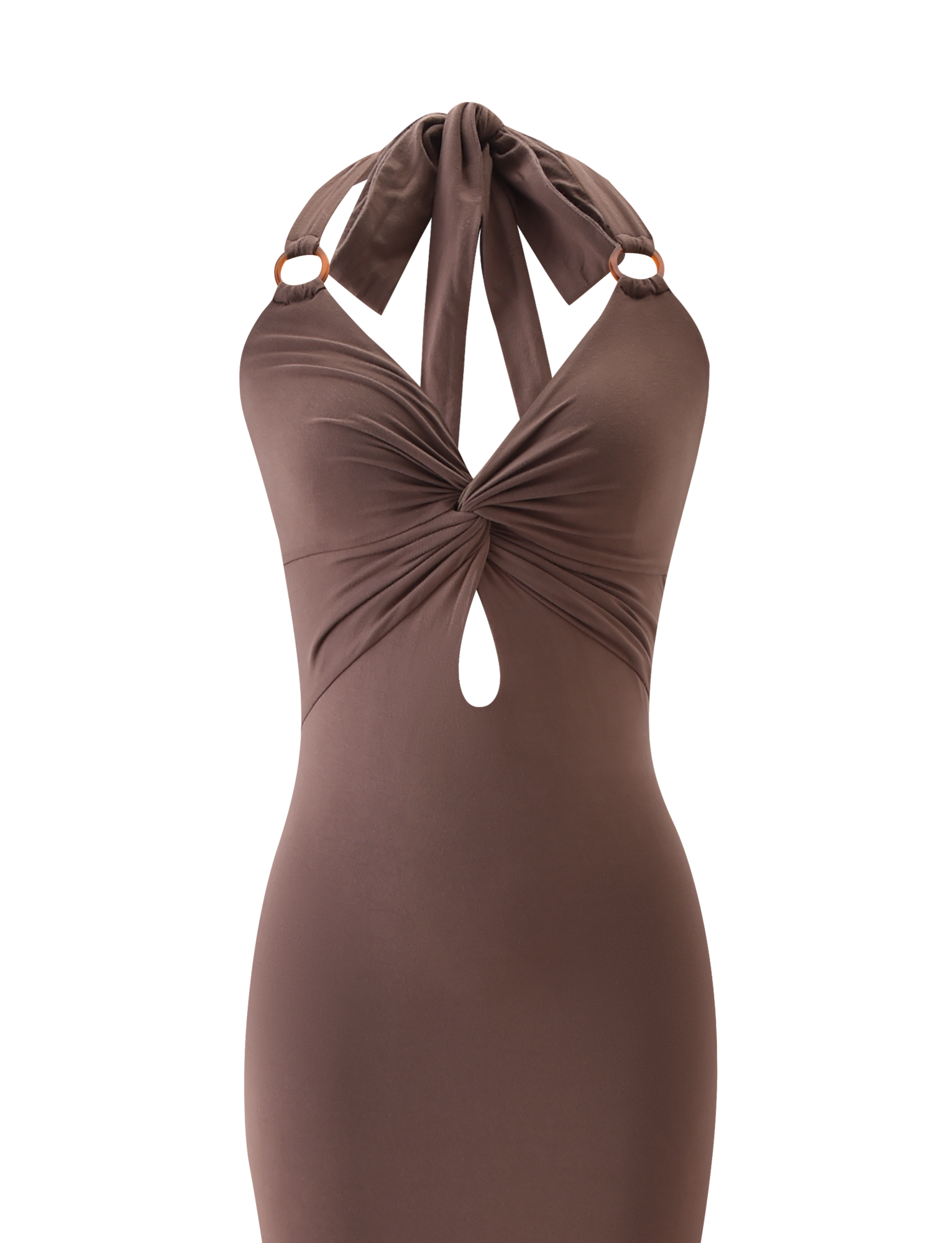 The TIGERMIST ZENEVA MAXI DRESS in mocha features halter ties, a twisted bust knot, keyhole cutout, and ring strap accents. This form-fitting maxi is displayed against a plain white background.