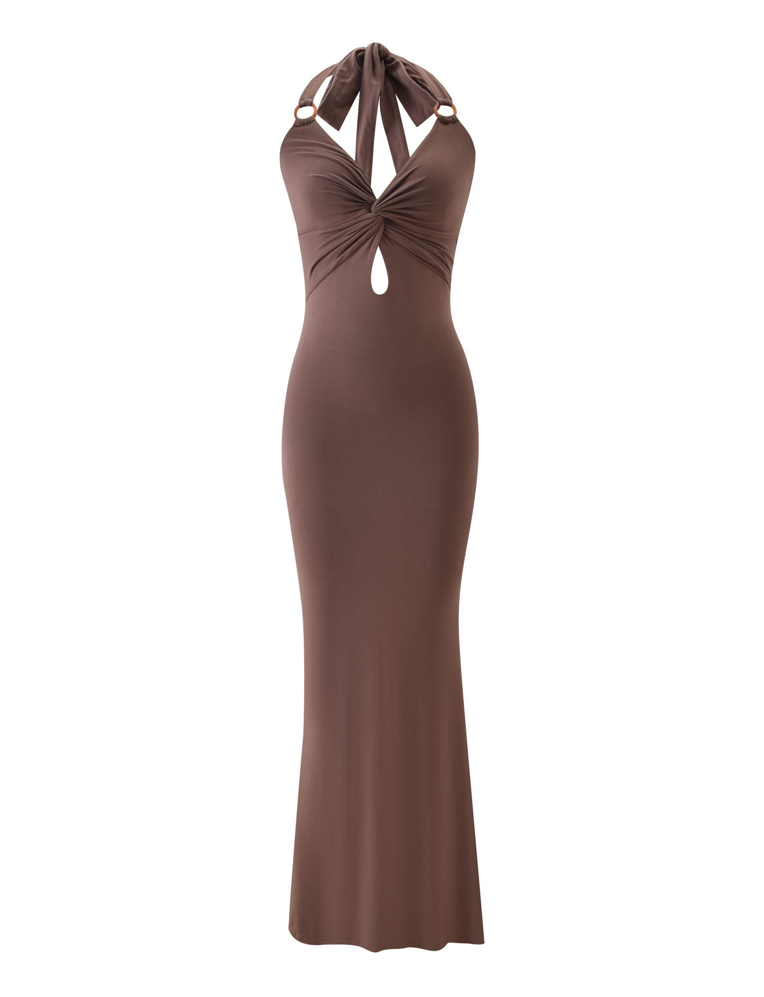 The ZENEVA MAXI DRESS in mocha by TIGERMIST features a sleeveless, halter neckline design with a front keyhole cutout, bust ruching, and elegant halter ties, shown against a white background.