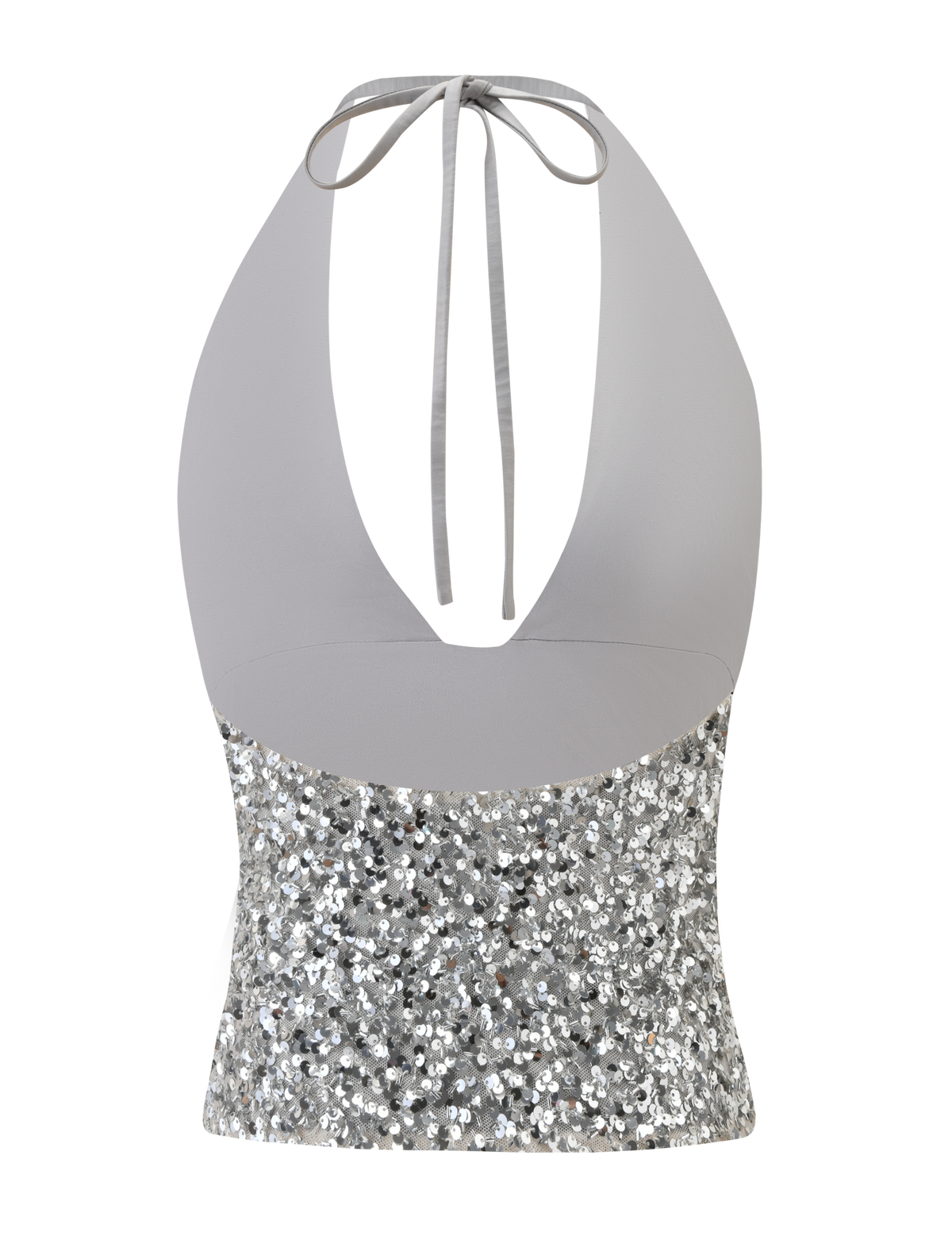 The REILYNN TOP - SILVER by TIGERMIST is a sleeveless halter top with a deep V neckline, a solid light gray upper, and a silver sequin lower section. This chic top ties at the neck for a stylish look.