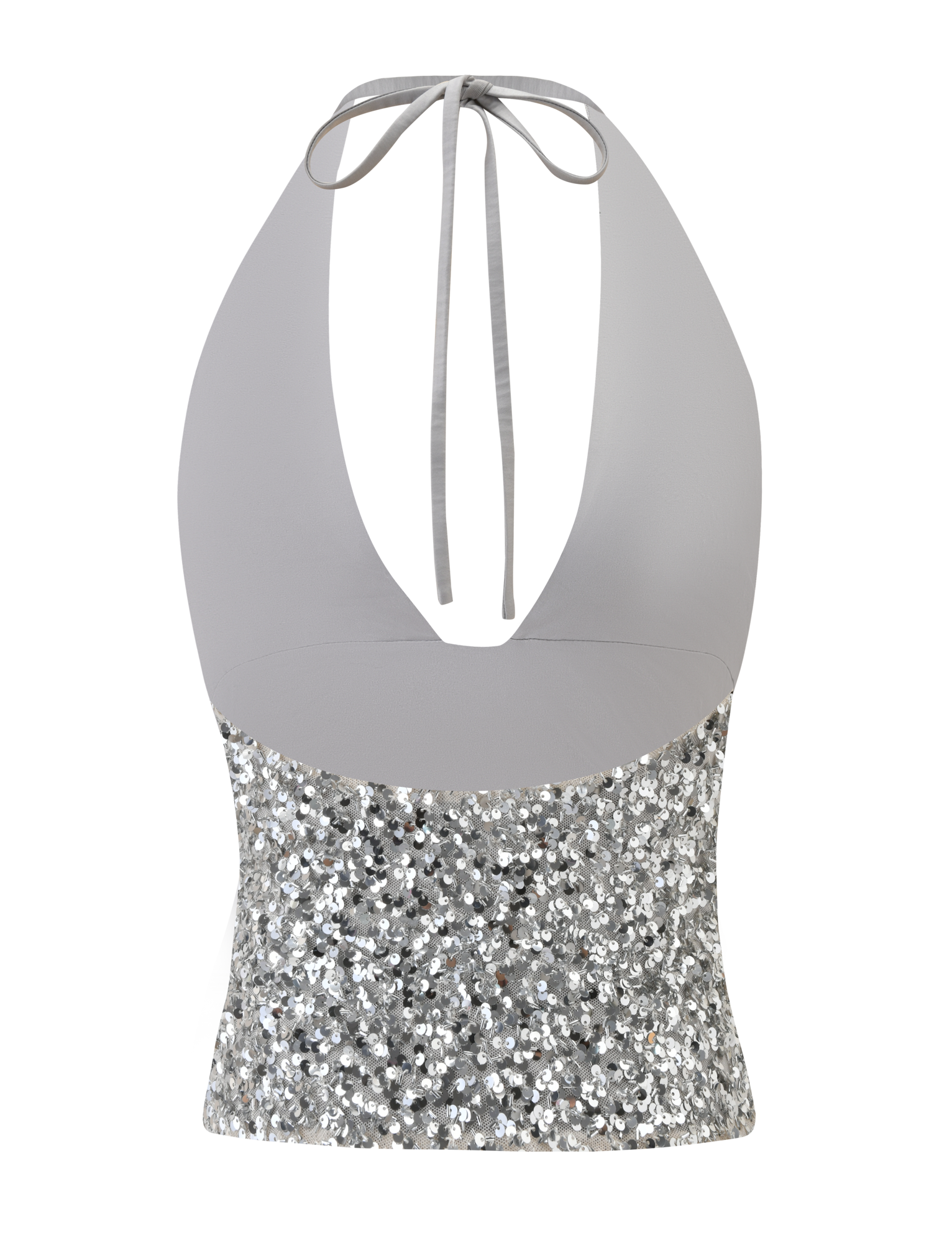 The REILYNN TOP - SILVER by TIGERMIST is a sleeveless halter top with a deep V neckline, a solid light gray upper, and a silver sequin lower section. This chic top ties at the neck for a stylish look.