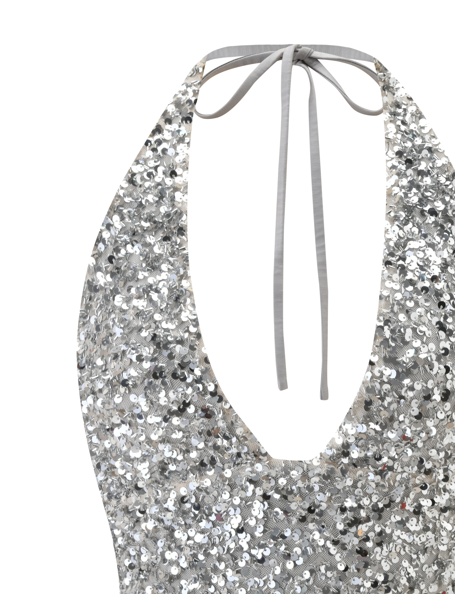 Close-up of the REILYNN TOP - SILVER by TIGERMIST, a sleeveless silver sequin halter with a triangle design, deep neckline, and thin neck-tie straps, displayed on a plain white background.