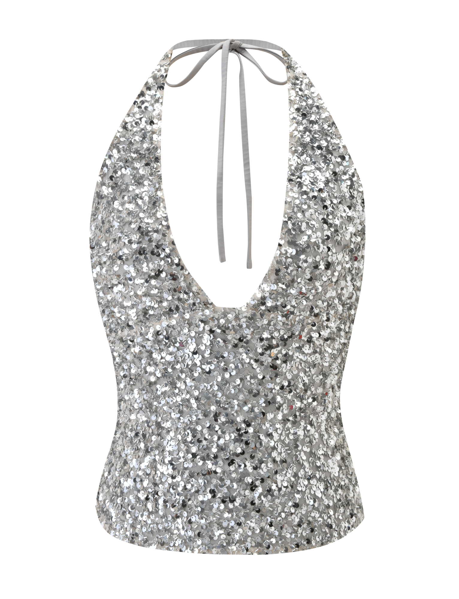 The TIGERMIST REILYNN TOP - SILVER is a sparkly halter with silver sequins, a deep V-neckline, and a neck tie, shown against a plain white background.