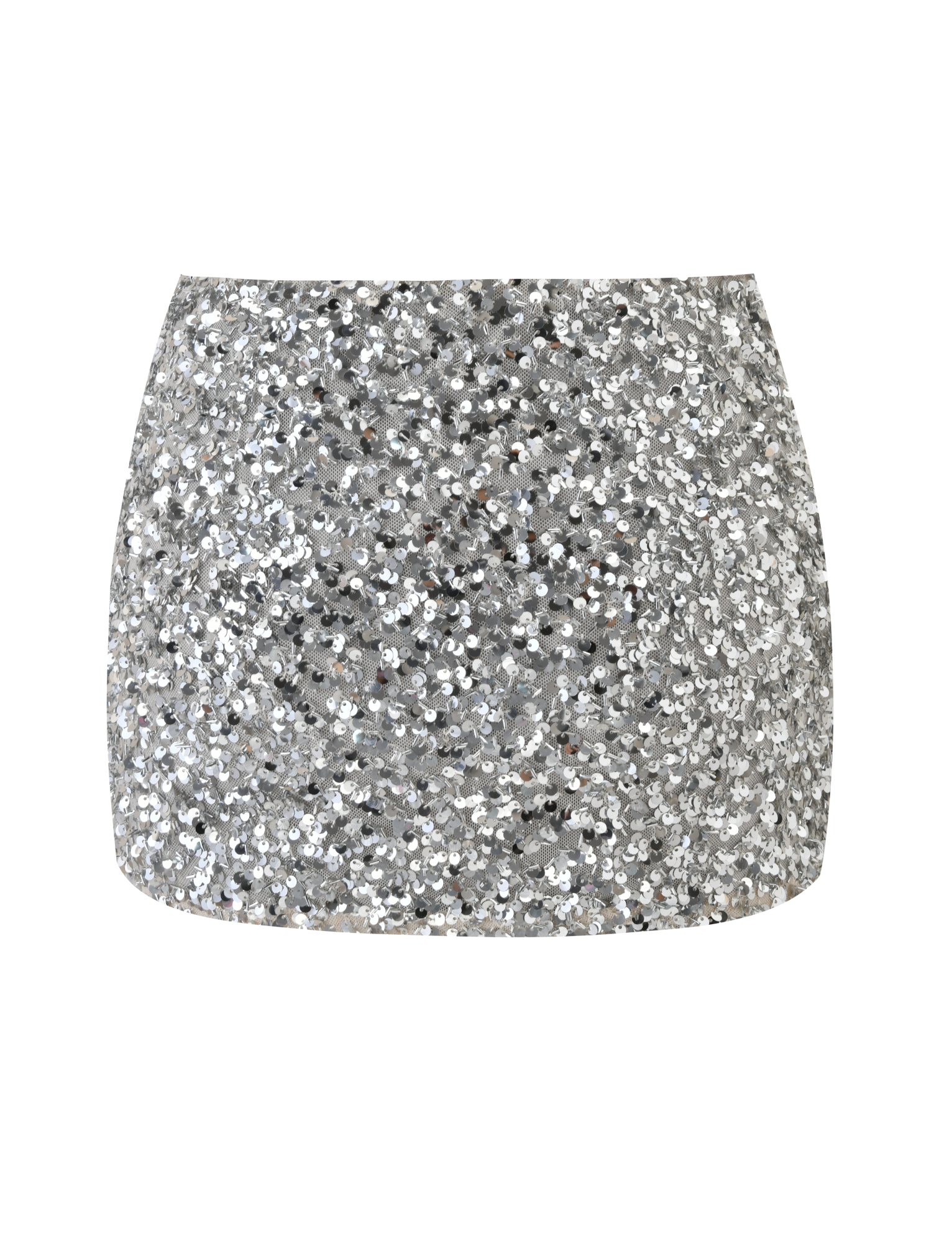 The TIGERMIST REILYNN MINI SKIRT - SILVER is a high-waisted, fitted sequin mini skirt, perfect for nights out, shown against a plain white background.