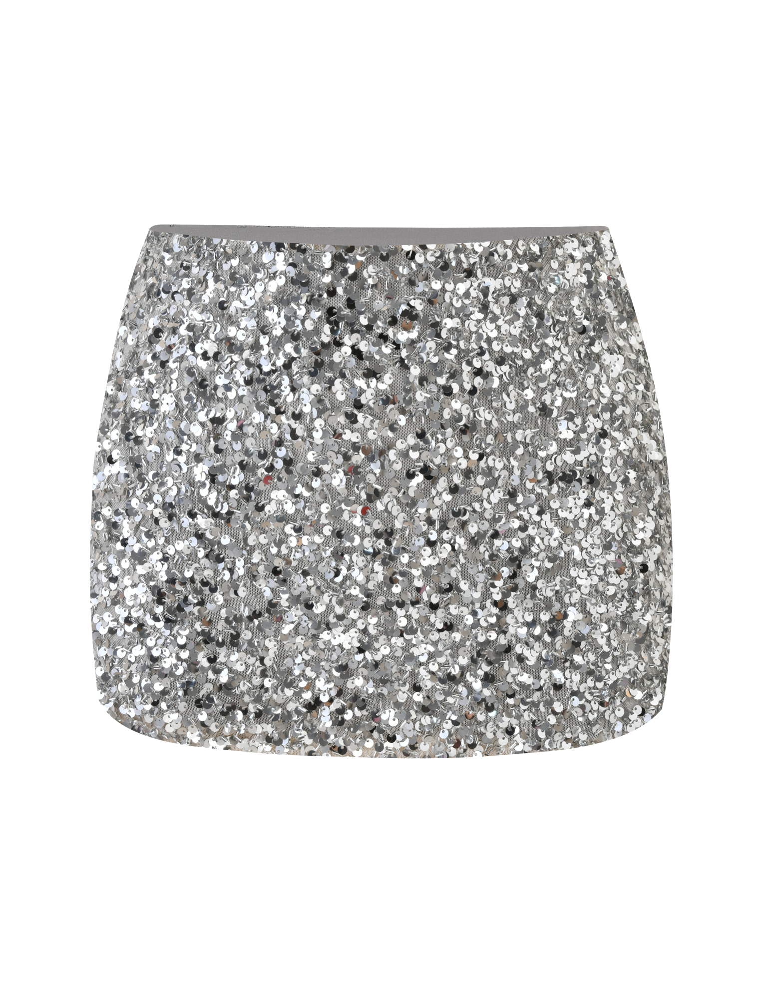 The TIGERMIST REILYNN MINI SKIRT in silver features sparkling sequins, making it the perfect night out skirt. Displayed against a plain white background.