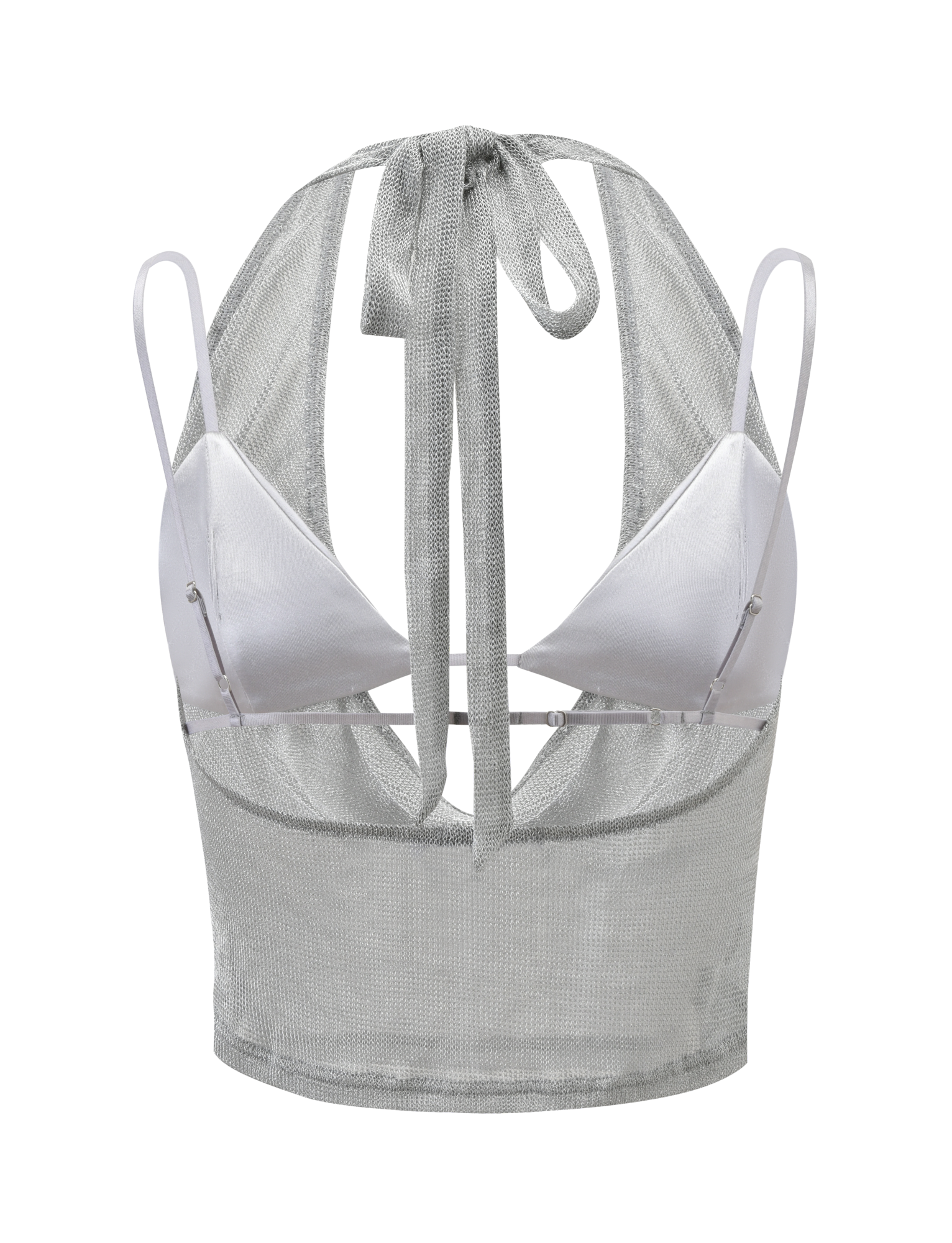 The TIGERMIST MAKENA TWO-PIECE TOP 2.0 - SILVER features a shiny sparkle fabric, mesh back, thin spaghetti straps, large neck bow, and open back design for a statement metallic look.