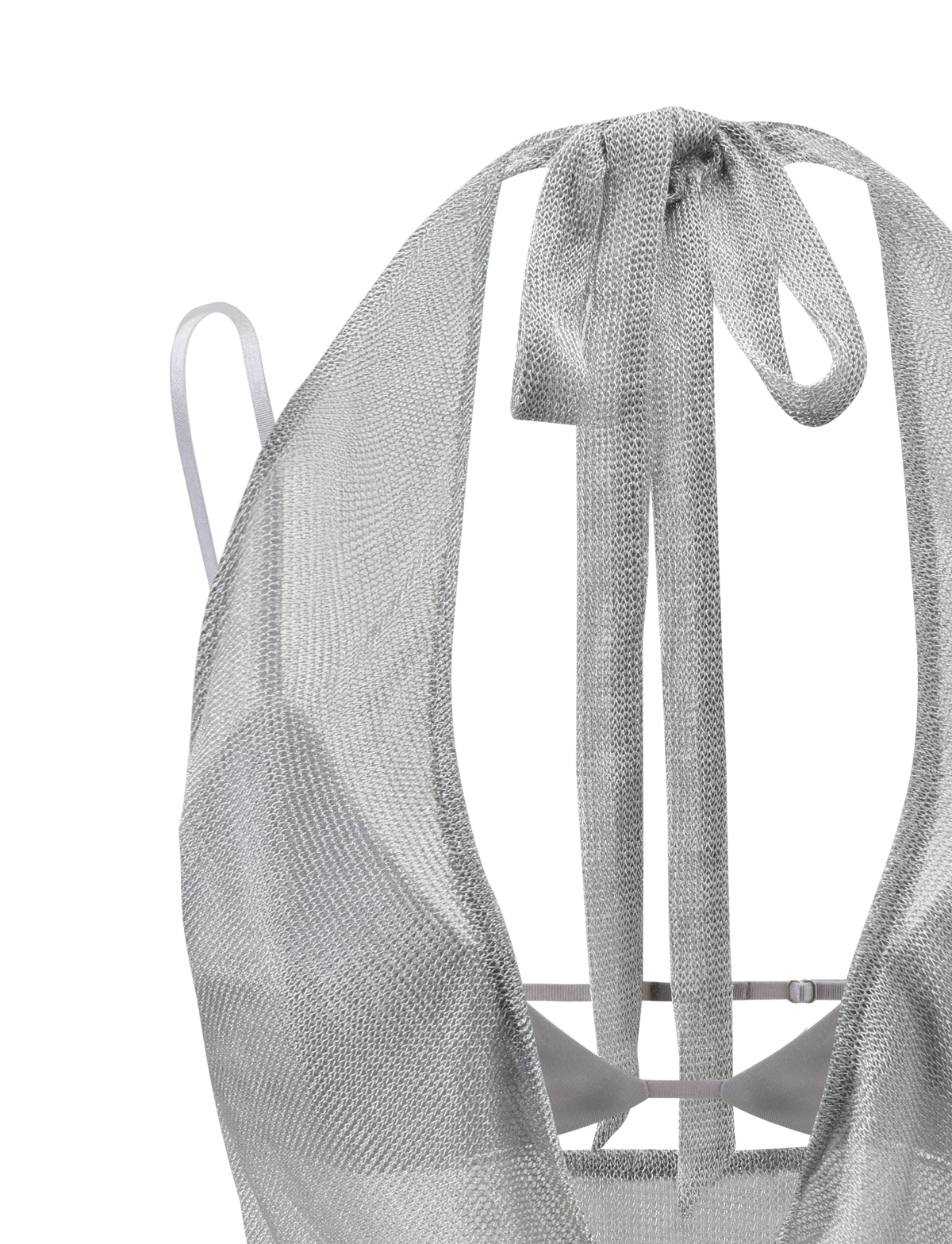 Close-up of the TIGERMIST MAKENA TWO-PIECE TOP 2.0 in silver, featuring a metallic sparkle finish, textured fabric, deep neckline, thin white straps, and neck tie detail. Displayed against a plain white background.