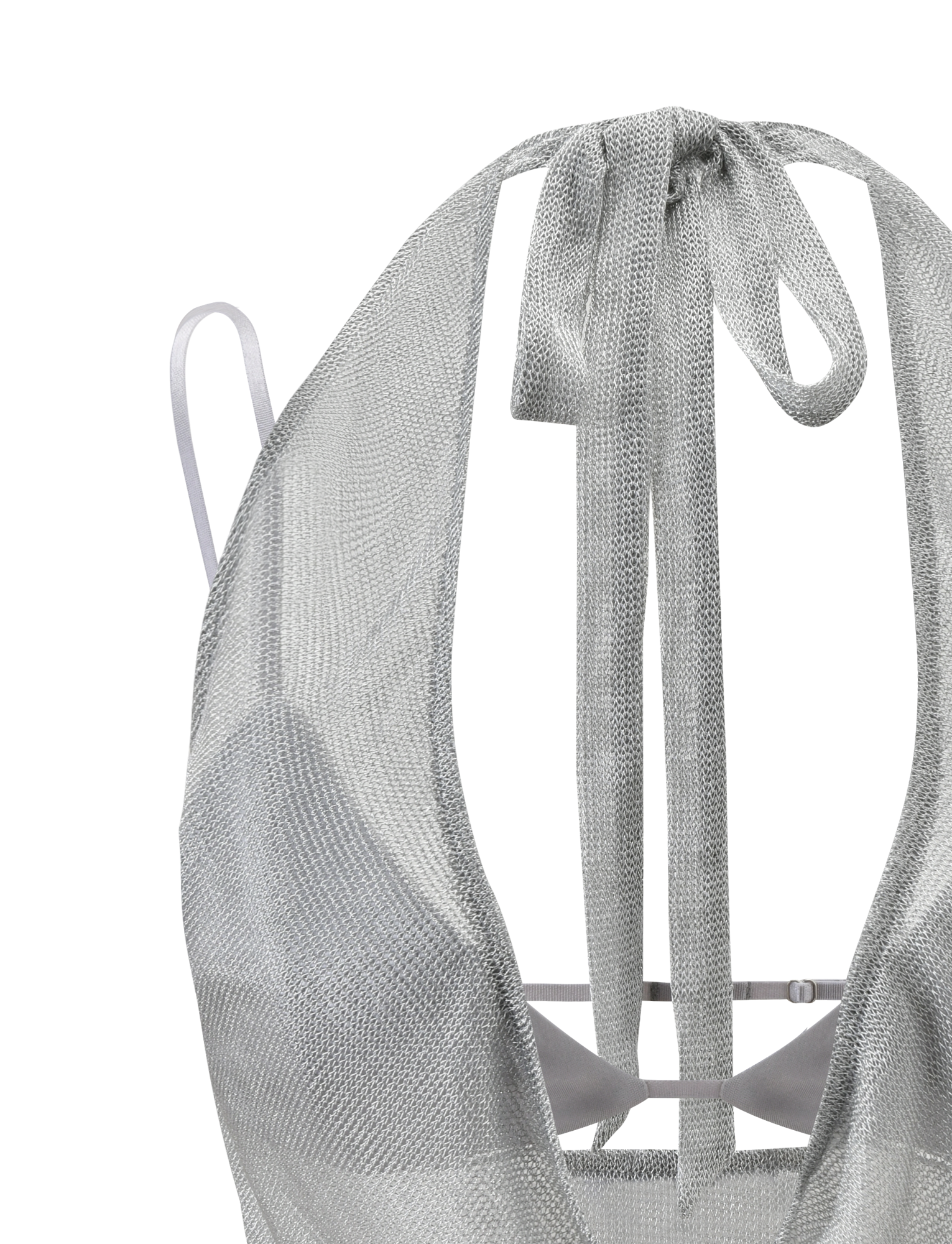 Close-up of the TIGERMIST MAKENA TWO-PIECE TOP 2.0 in silver, featuring a metallic sparkle finish, textured fabric, deep neckline, thin white straps, and neck tie detail. Displayed against a plain white background.