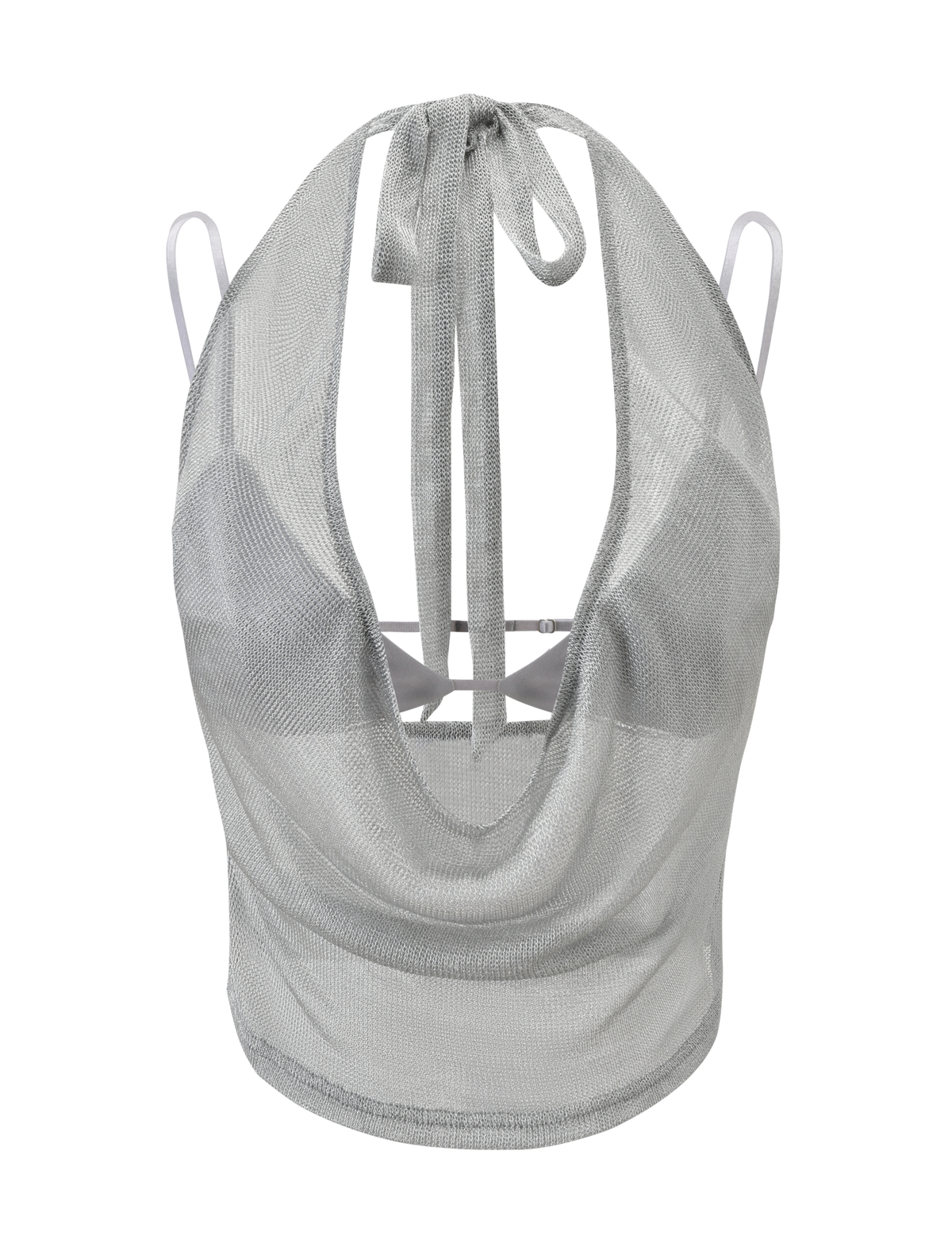 The MAKENA TWO-PIECE TOP 2.0 - SILVER by TIGERMIST shines with its metallic mesh cowl neck, spaghetti straps, and open back with neck tie, all in luxe sparkle fabric.