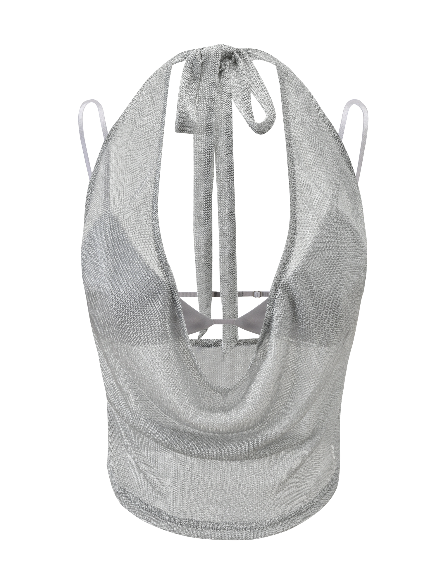 The MAKENA TWO-PIECE TOP 2.0 - SILVER by TIGERMIST shines with its metallic mesh cowl neck, spaghetti straps, and open back with neck tie, all in luxe sparkle fabric.