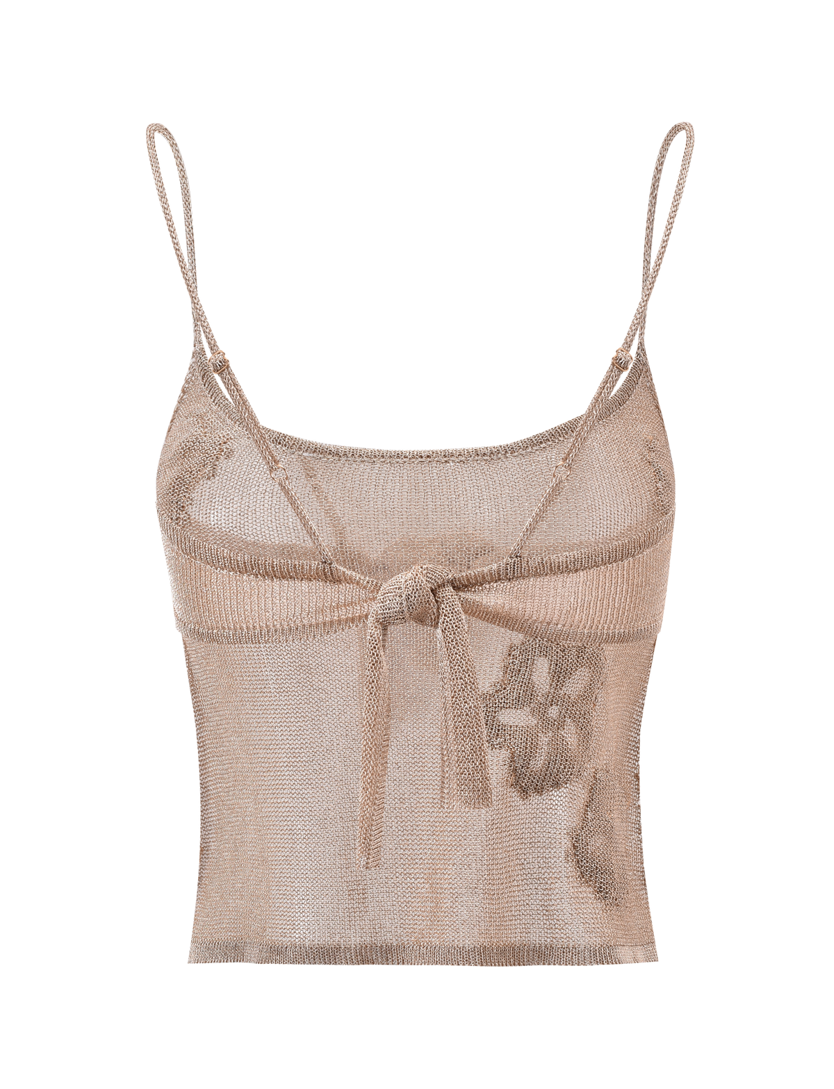 The ISATANA TOP - GOLD by TIGERMIST is a sleeveless, sheer beige knit crop top with adjustable straps and a front center tie, shown on a plain white background.