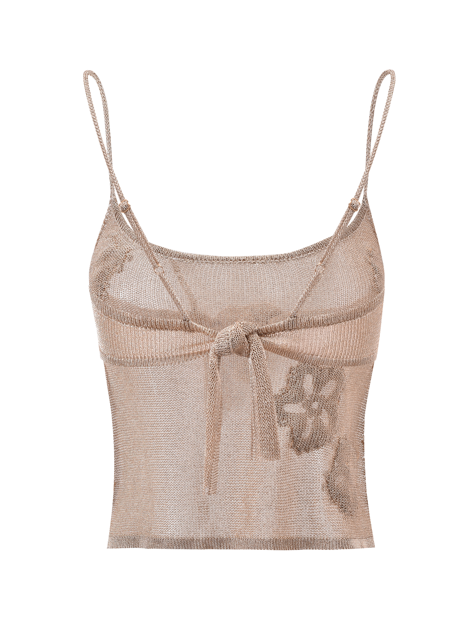 The ISATANA TOP - GOLD by TIGERMIST is a sleeveless, sheer beige knit crop top with adjustable straps and a front center tie, shown on a plain white background.