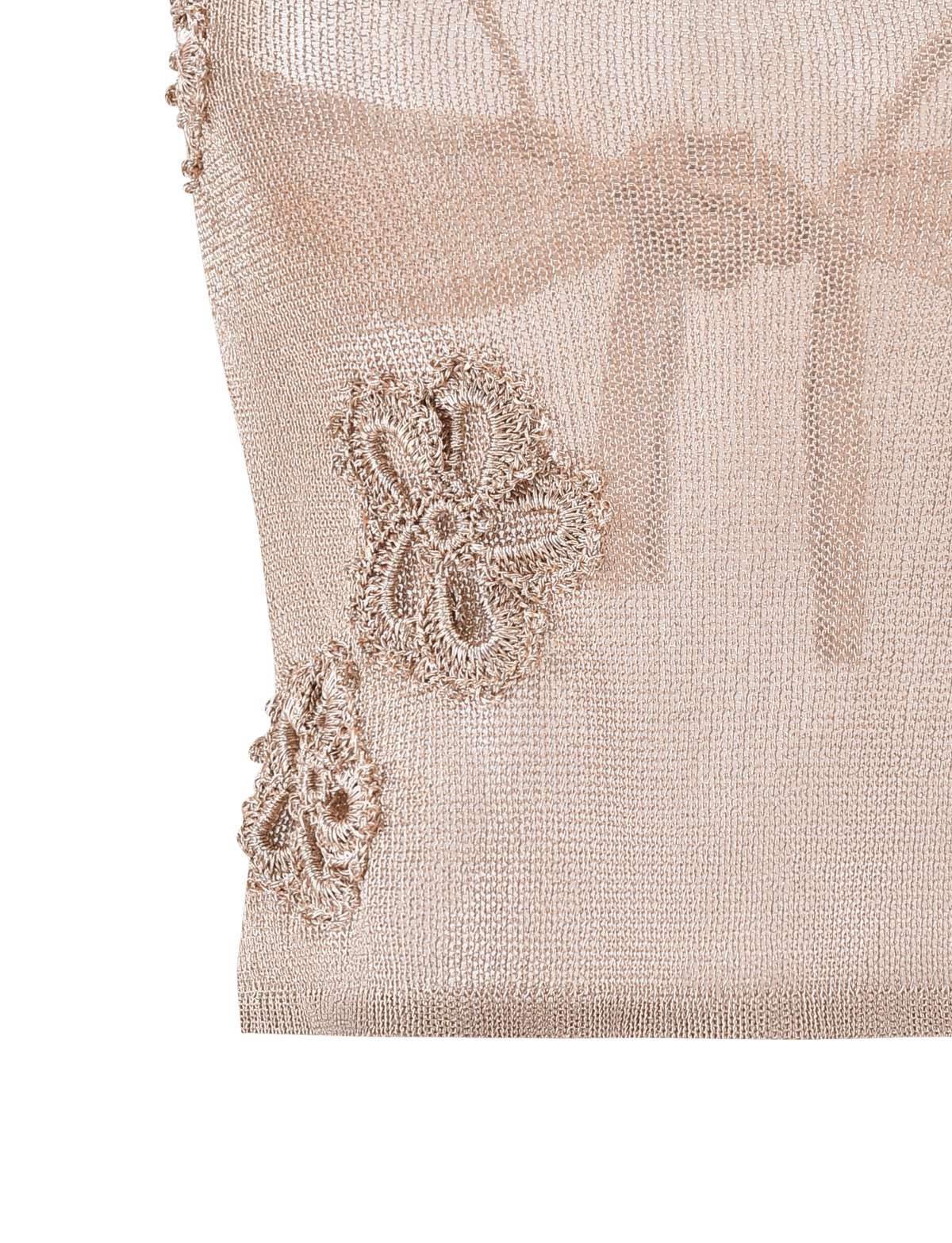 Close-up of the ISATANA TOP - GOLD by TIGERMIST, featuring light beige sheer knit fabric with delicate floral embroidery and a fine metallic sheen. The white background highlights its intricate texture and elegant pattern.