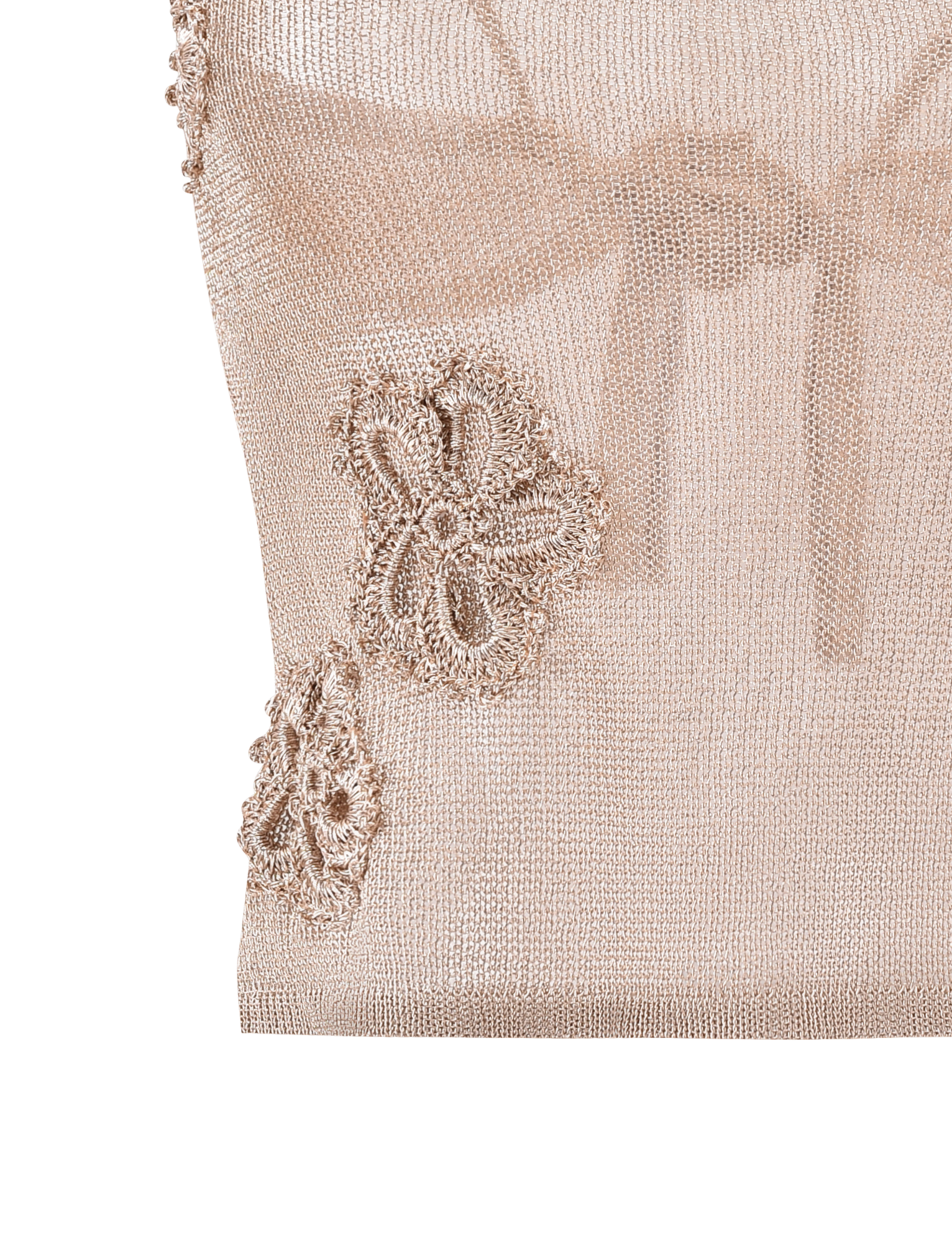 Close-up of the ISATANA TOP - GOLD by TIGERMIST, featuring light beige sheer knit fabric with delicate floral embroidery and a fine metallic sheen. The white background highlights its intricate texture and elegant pattern.