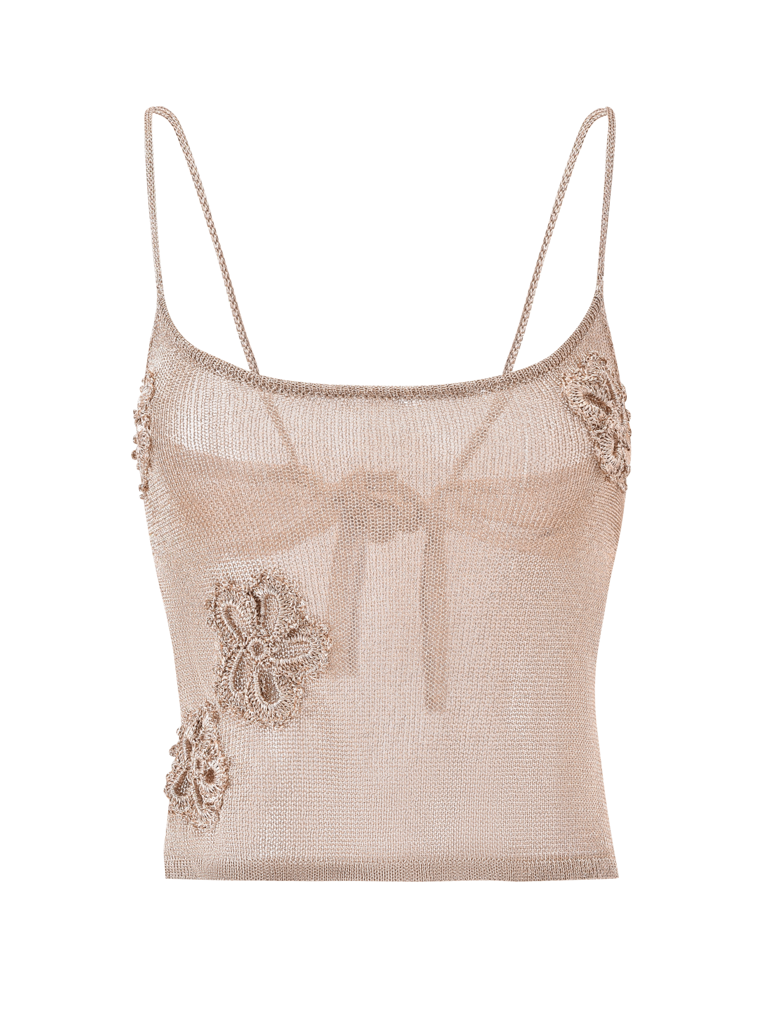 The ISATANA TOP - GOLD by TIGERMIST is a sheer, metallic beige camisole with adjustable straps and see-through fabric, featuring crochet-style floral appliqués on the left side and near the right strap.