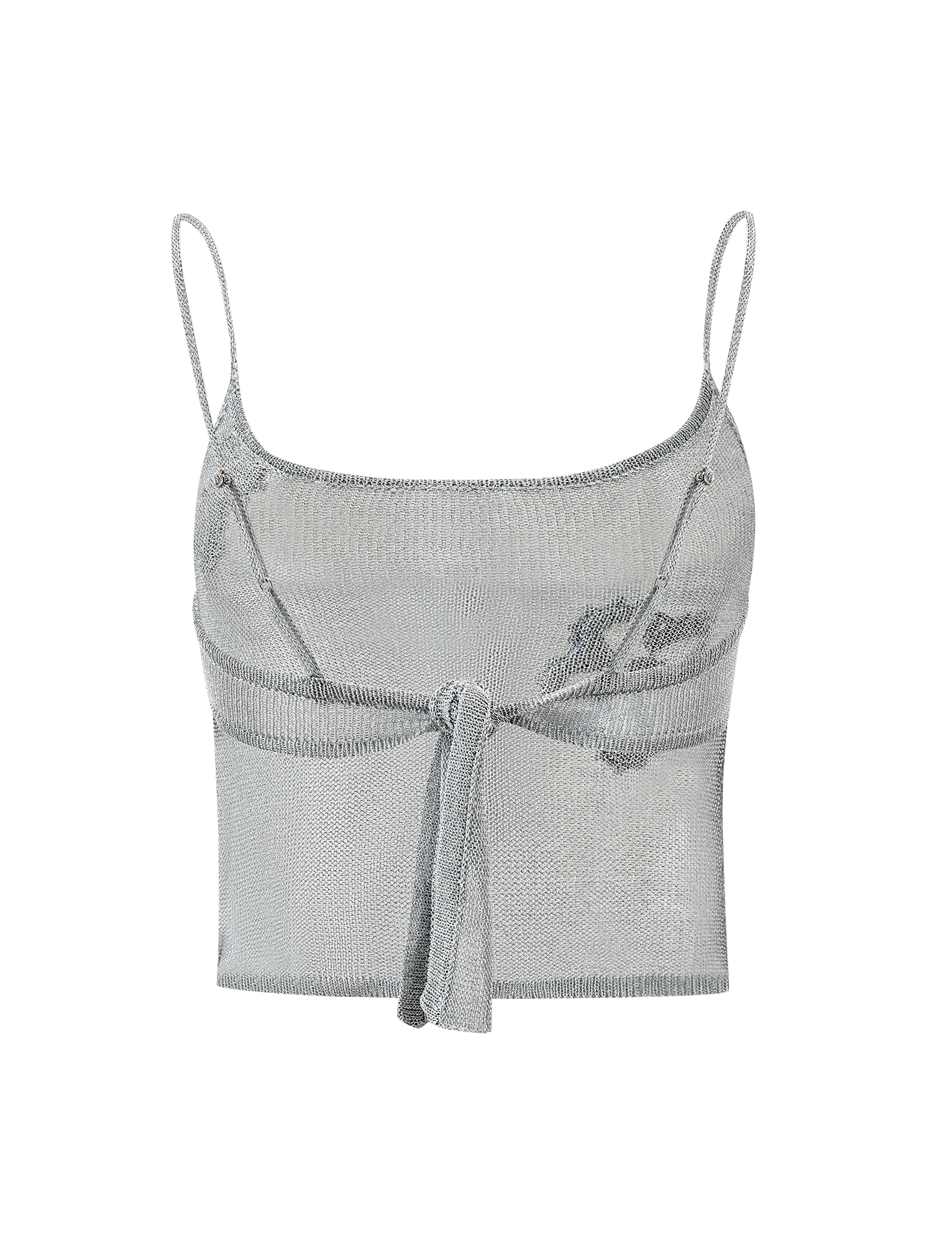 The ISATANA TOP - SILVER by TIGERMIST is a silver metallic knit crop top with thin spaghetti straps, a scooped neckline, and a front tie at the waist, shown on a plain white background.