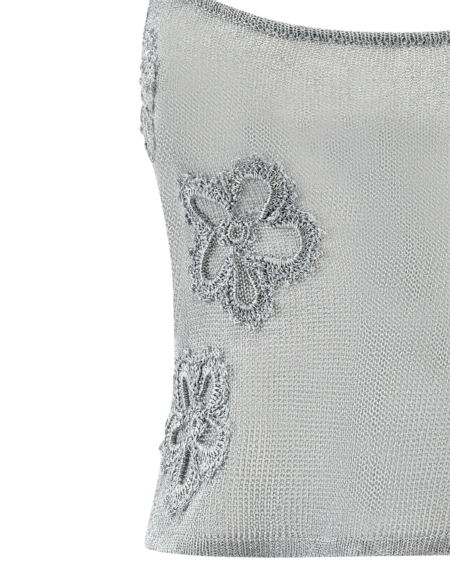 A close-up of the TIGERMIST ISATANA TOP in silver, showcasing delicate textured floral appliqués on the front and shimmering metallic knit details with an open back.