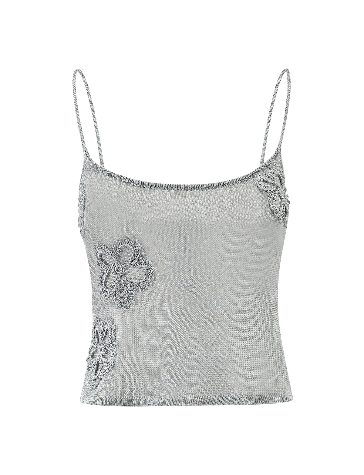 The TIGERMIST ISATANA TOP - SILVER features thin spaghetti straps and floral appliqués on the front, shown against a plain white background.