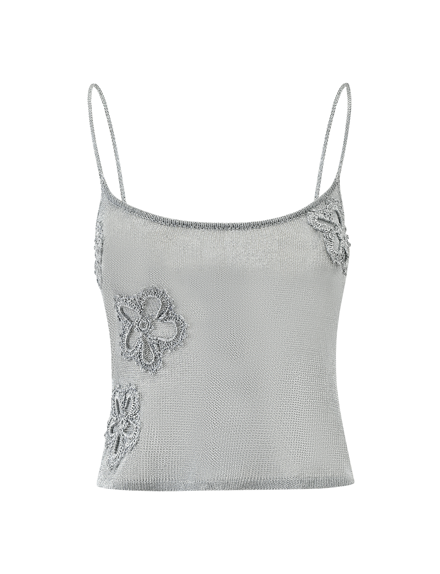 The TIGERMIST ISATANA TOP - SILVER features thin spaghetti straps and floral appliqués on the front, shown against a plain white background.
