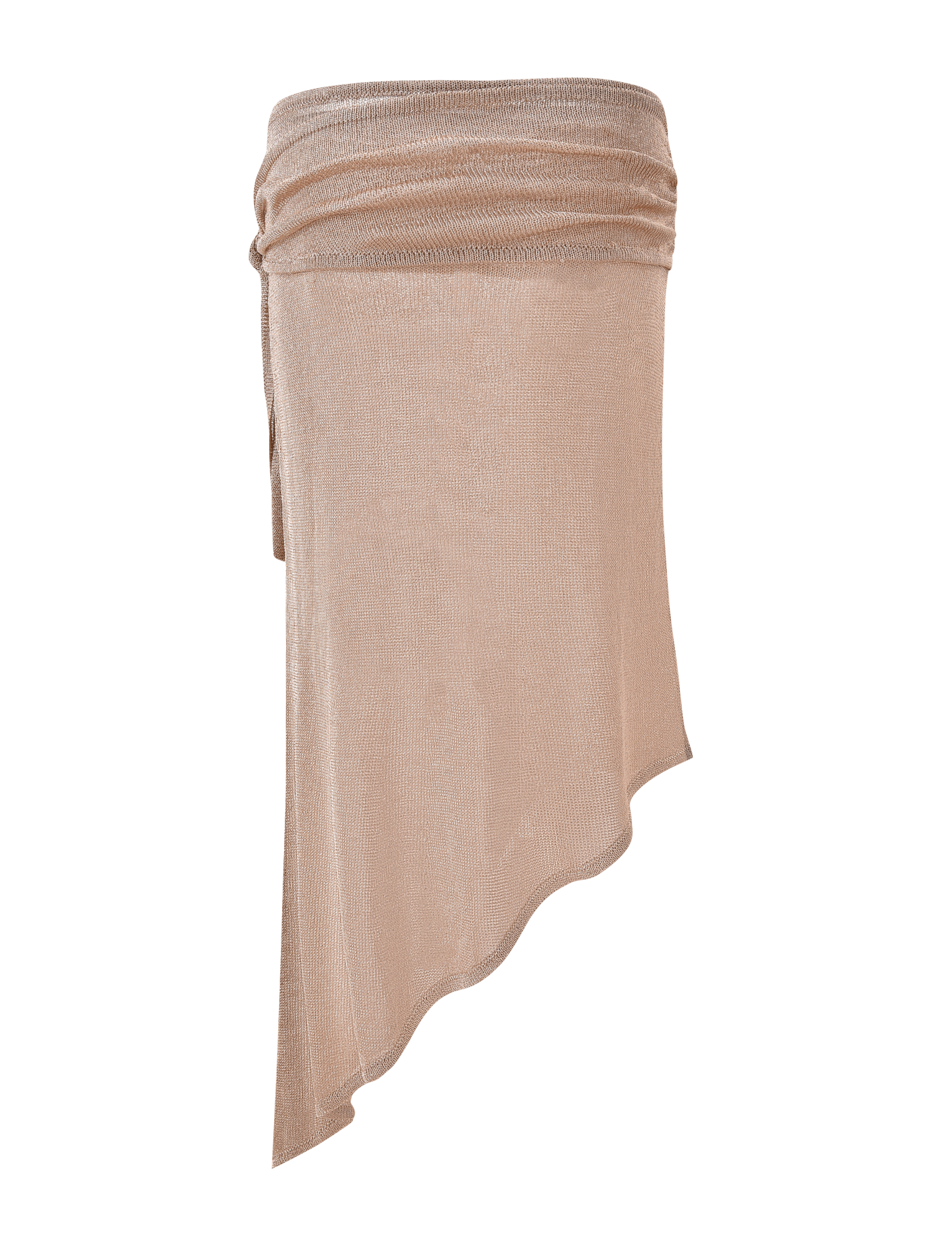 The ISATANA SKIRT - GOLD by TIGERMIST is a beige, semi-sheer skirt featuring an asymmetrical draped hem and ruched waistband, creating an elegant look with one side hanging longer.