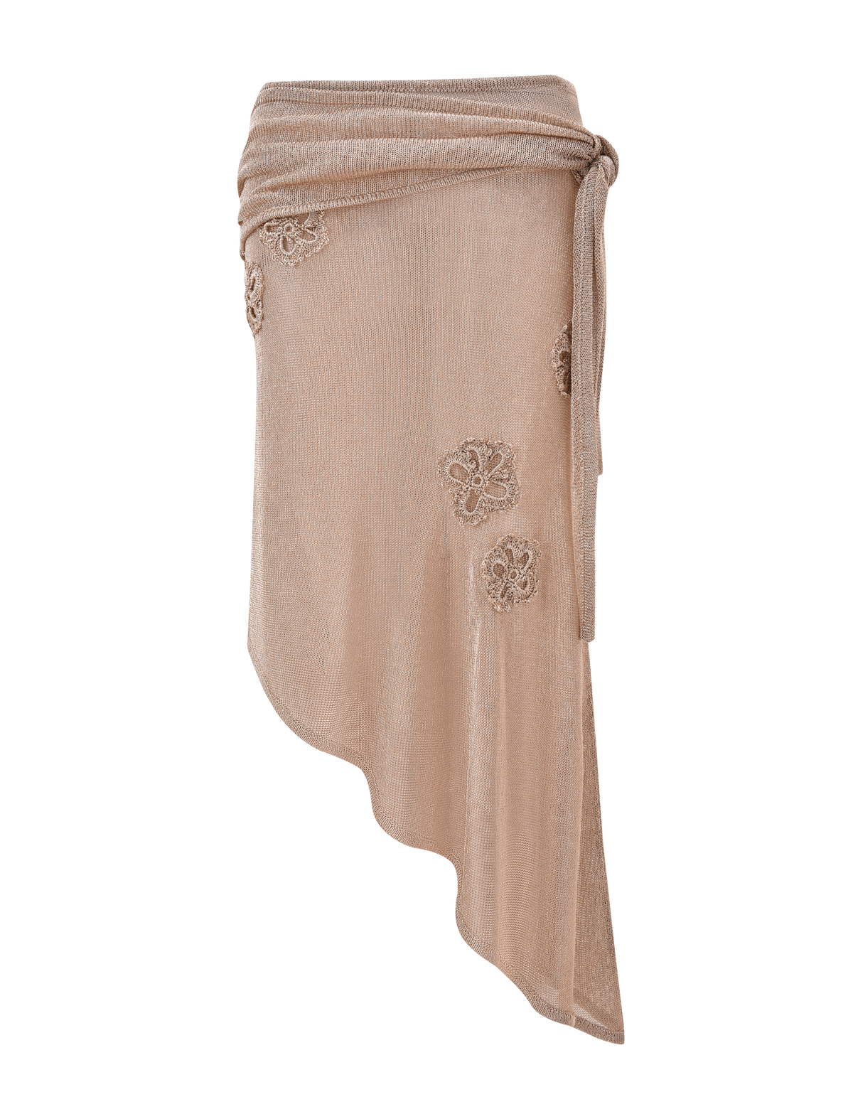 The ISATANA SKIRT - GOLD by TIGERMIST is a beige metallic knit sarong with a tie waist, asymmetrical hem, and delicate floral embroidery accents.