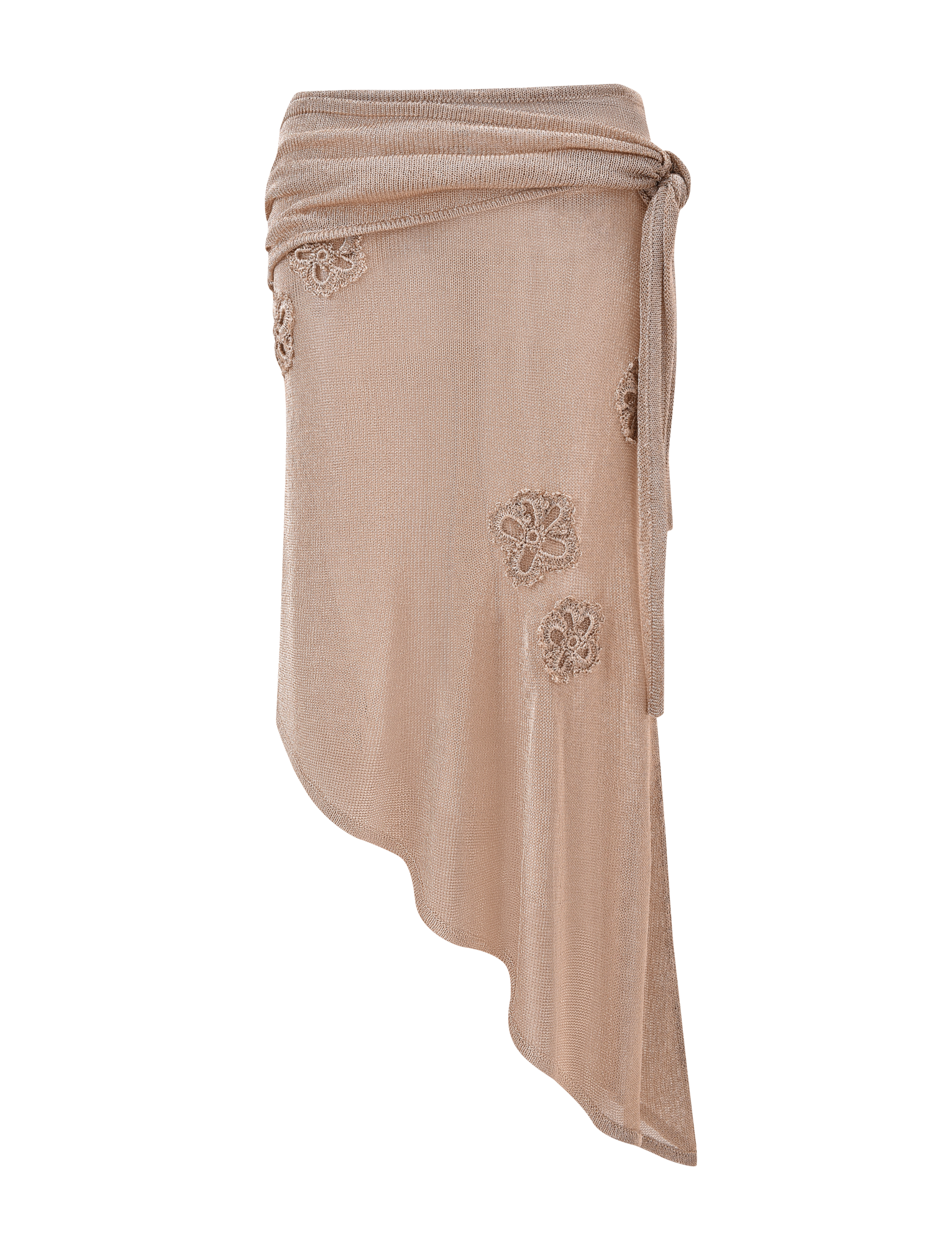 The ISATANA SKIRT - GOLD by TIGERMIST is a beige metallic knit sarong with a tie waist, asymmetrical hem, and delicate floral embroidery accents.