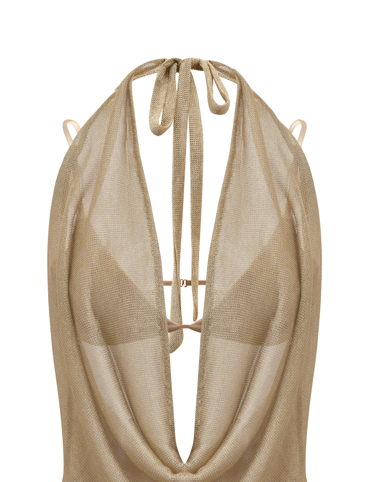 The MAKENA TWO-PIECE DRESS 2.0 by TIGERMIST features a gold metallic halter-style top with a deep cowl neckline and thin neck ties, made from draped, shiny fabric, shown on a plain white background.