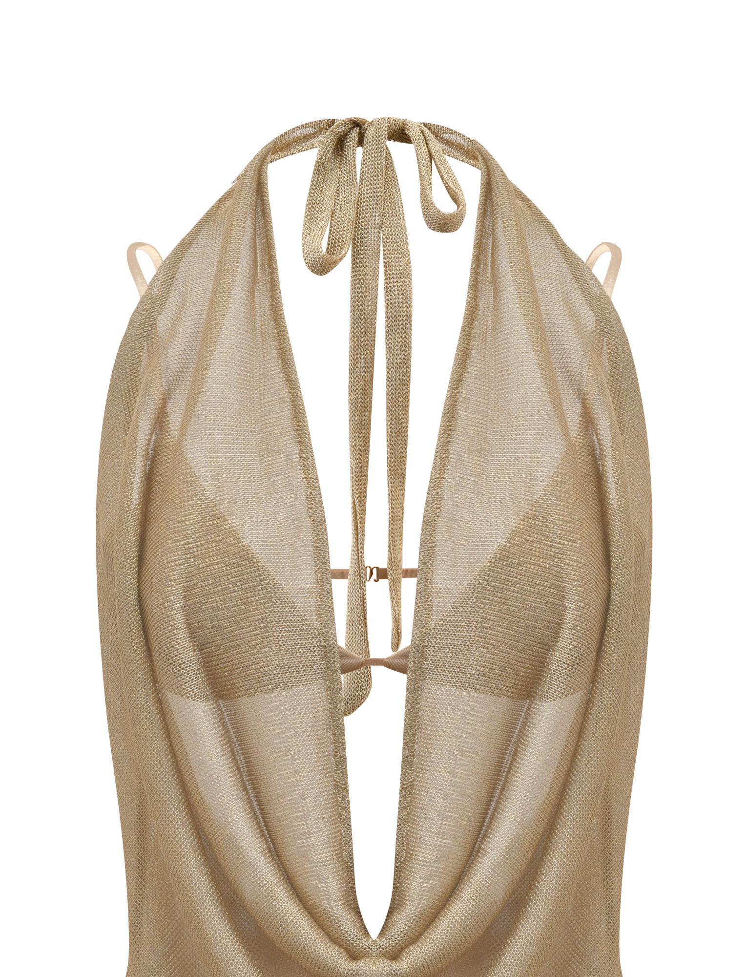 The MAKENA TWO-PIECE DRESS 2.0 by TIGERMIST features a gold metallic halter-style top with a deep cowl neckline and thin neck ties, made from draped, shiny fabric, shown on a plain white background.