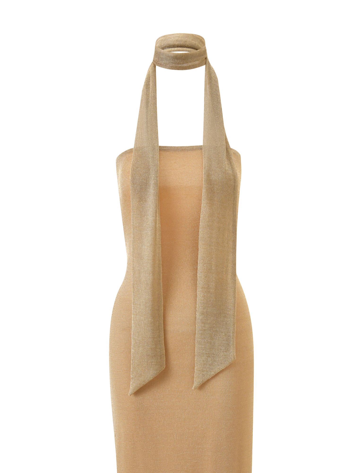 The DANIELA SCARF DRESS 2.0 - GOLD by TIGERMIST is a sleeveless, light gold knit maxi with a square neckline, open back, and matching long scarf draped around the neck, shown on a plain white background.