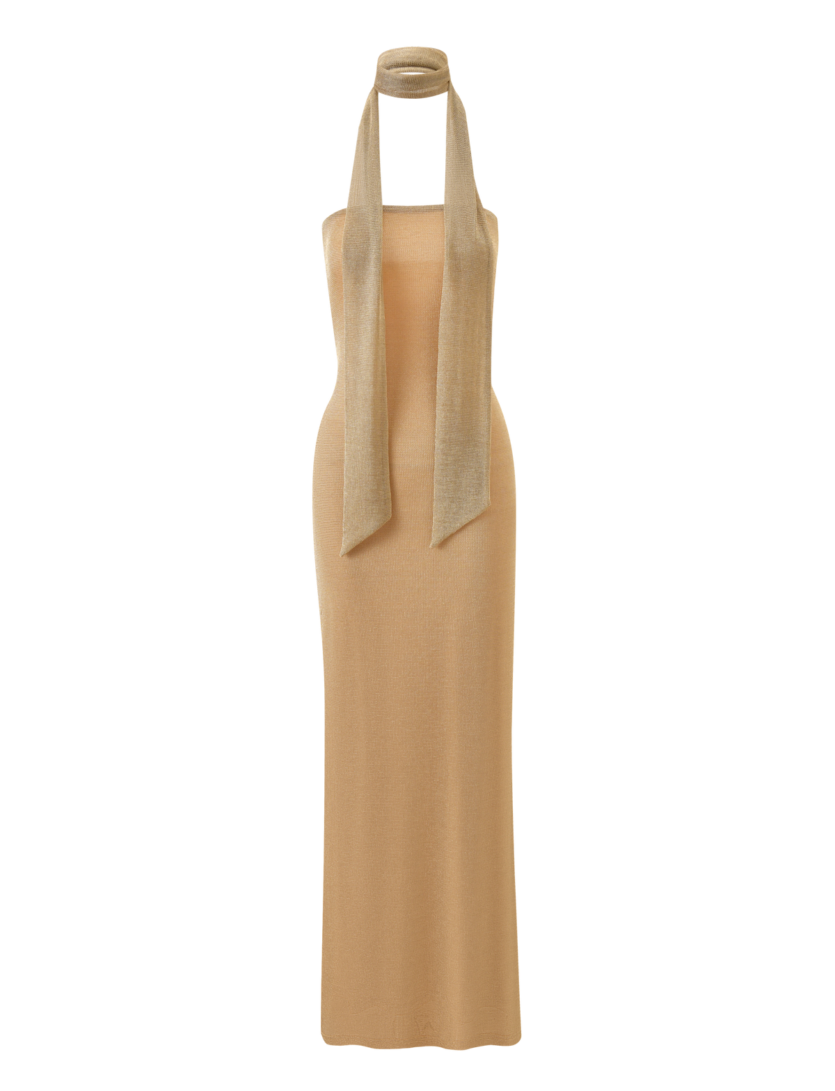 TIGERMIST’s DANIELA SCARF DRESS 2.0 - GOLD is a sleeveless, floor-length knit dress in gold with a halter neckline and open back, paired with a matching long scarf elegantly draped around the neck.