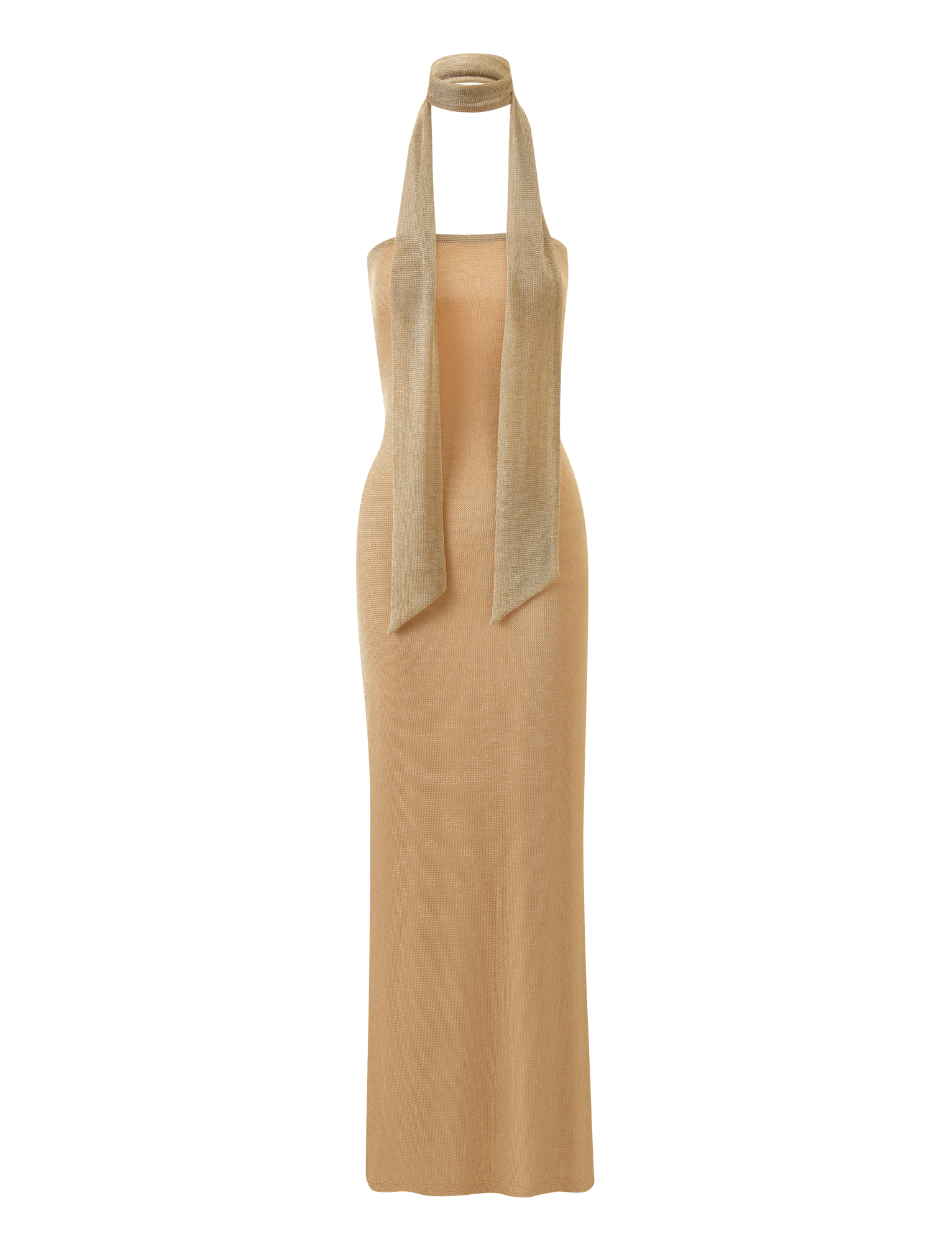 TIGERMIST’s DANIELA SCARF DRESS 2.0 - GOLD is a sleeveless, floor-length knit dress in gold with a halter neckline and open back, paired with a matching long scarf elegantly draped around the neck.
